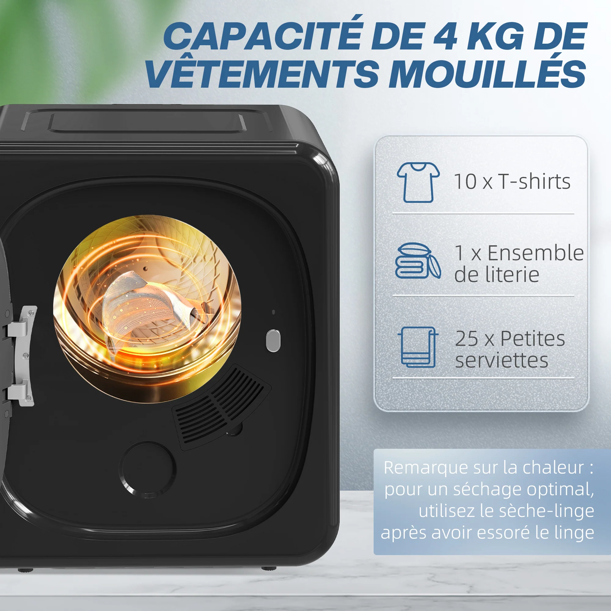 Sèche linge à évacuation compact sèche-linge électrique 800 W 4 Kg avec 5 modes de séchage, cuve en acier inoxydable, charge frontale, pour appartement, maison, camping-cars, noir - Image 5