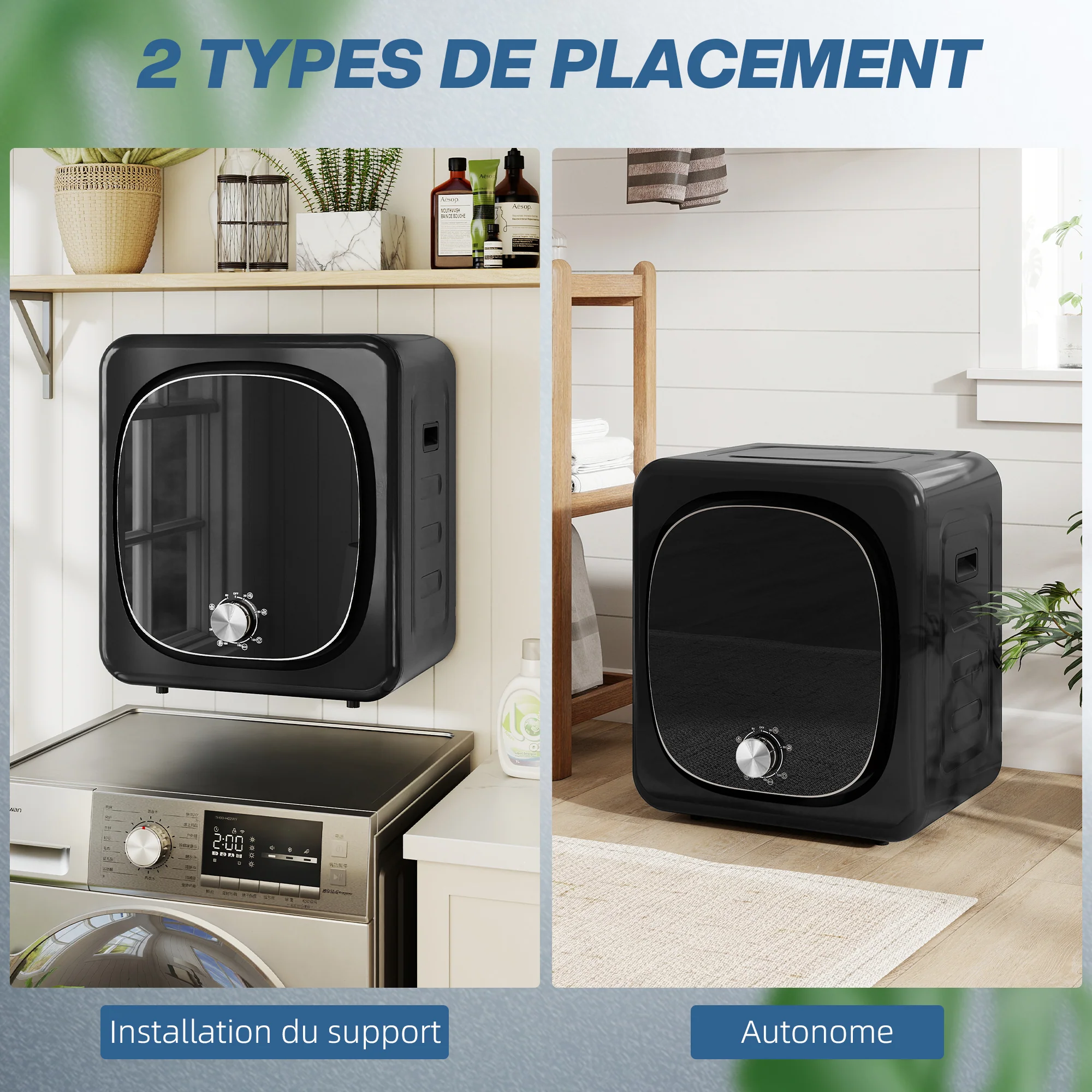 Sèche linge à évacuation compact sèche-linge électrique 800 W 4 Kg avec 5 modes de séchage, cuve en acier inoxydable, charge frontale, pour appartement, maison, camping-cars, noir - Image 9
