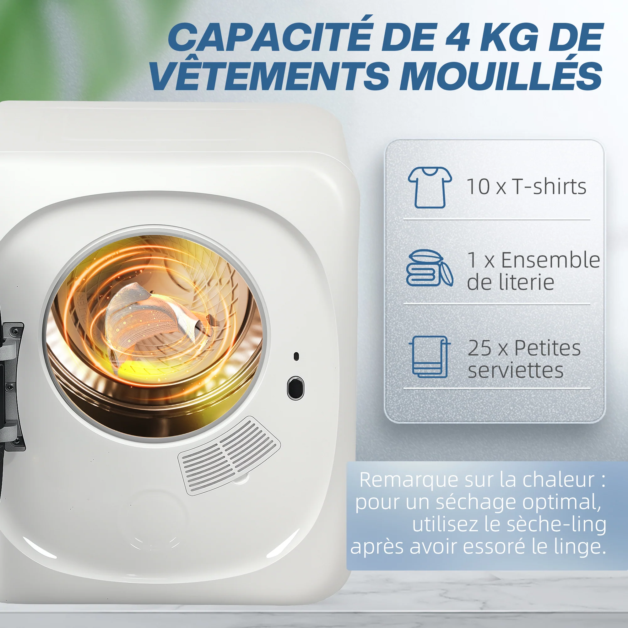 Sèche linge à évacuation compact sèche-linge électrique 800 W 4 Kg avec 5 modes de séchage, cuve en acier inoxydable, charge frontale, pour appartement, maison, camping-cars, blanc - Image 5
