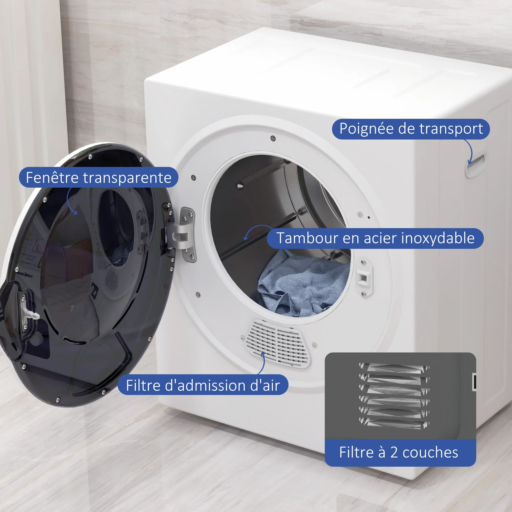 Sèche-linge à évacuation portable, sèche-linge électrique 850 W, 4 Kg, 4 modes de séchage, 2 niveaux de chauffage, cuve en acier inoxydable, installation murale, pour appartement dortoir, blanc - Image 5