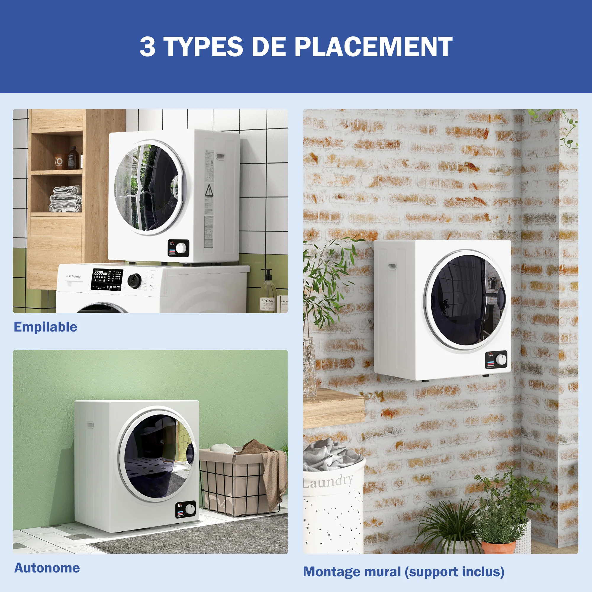 Sèche-linge à évacuation portable, sèche-linge électrique 850 W, 4 Kg, 4 modes de séchage, 2 niveaux de chauffage, cuve en acier inoxydable, installation murale, pour appartement dortoir, blanc - Image 8