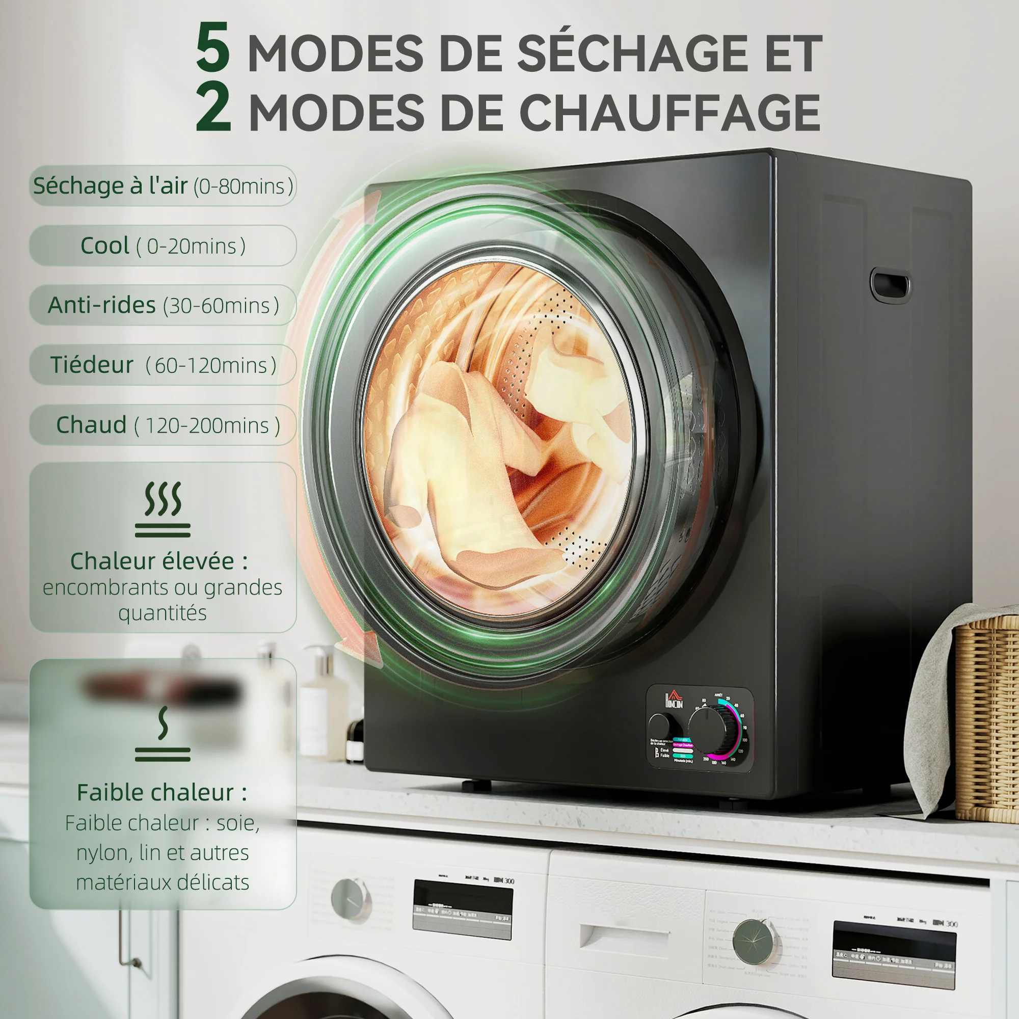 Sèche-linge à évacuation portable, sèche-linge électrique 850 W, 4 Kg, 4 modes de séchage, 2 niveaux de chauffage, cuve en acier inoxydable, installation murale, pour appartement dortoir, noir - Image 5
