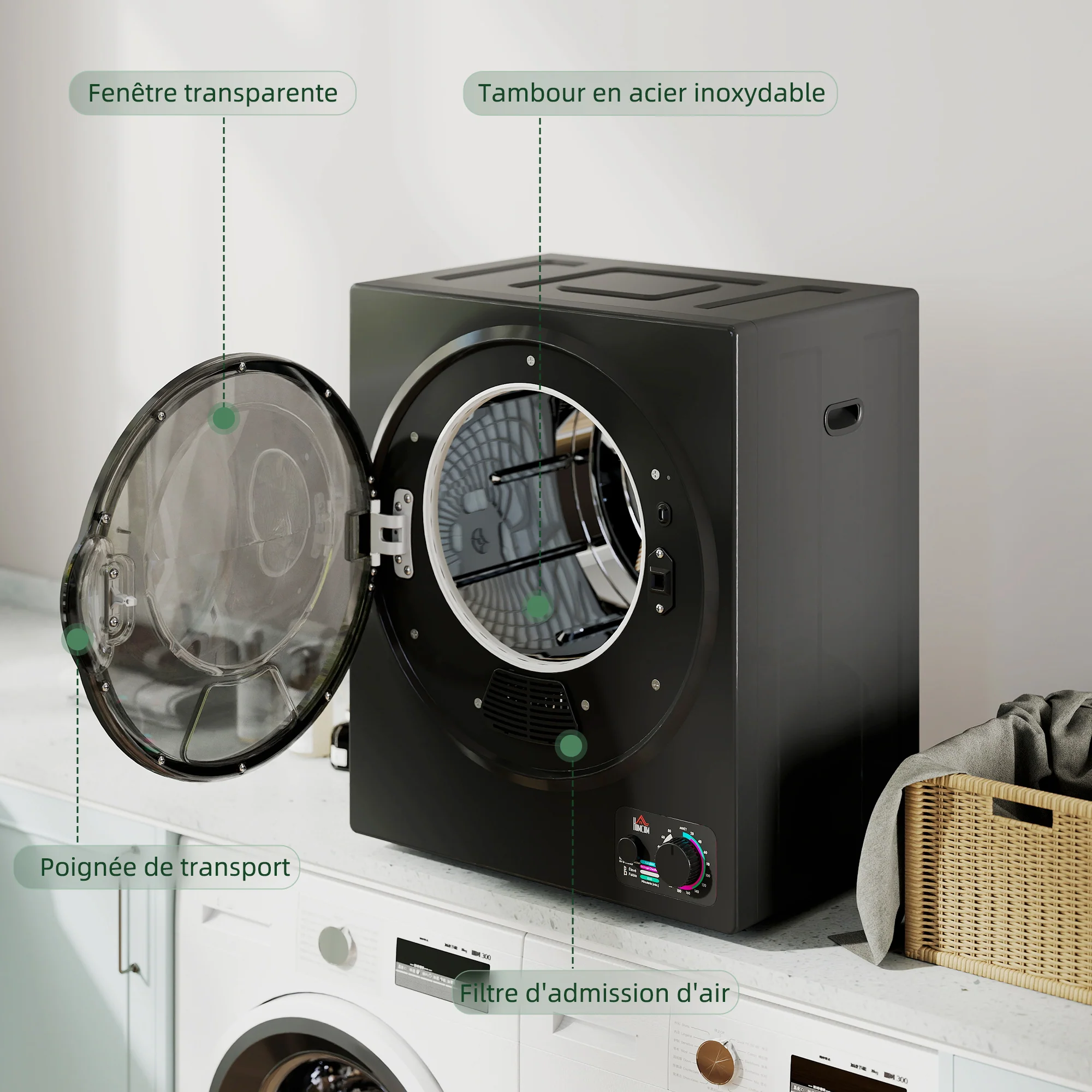 Sèche-linge à évacuation portable, sèche-linge électrique 850 W, 4 Kg, 4 modes de séchage, 2 niveaux de chauffage, cuve en acier inoxydable, installation murale, pour appartement dortoir, noir - Image 6