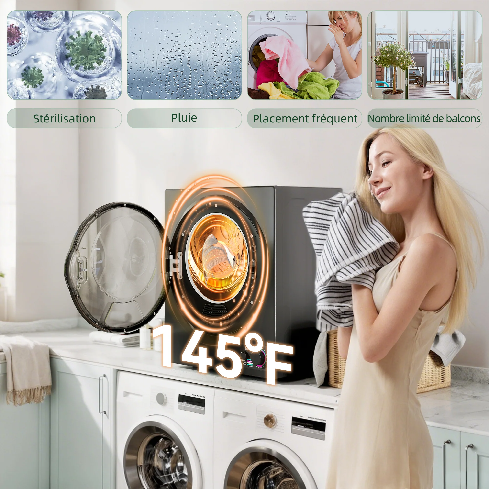 Sèche-linge à évacuation portable, sèche-linge électrique 850 W, 4 Kg, 4 modes de séchage, 2 niveaux de chauffage, cuve en acier inoxydable, installation murale, pour appartement dortoir, noir - Image 8
