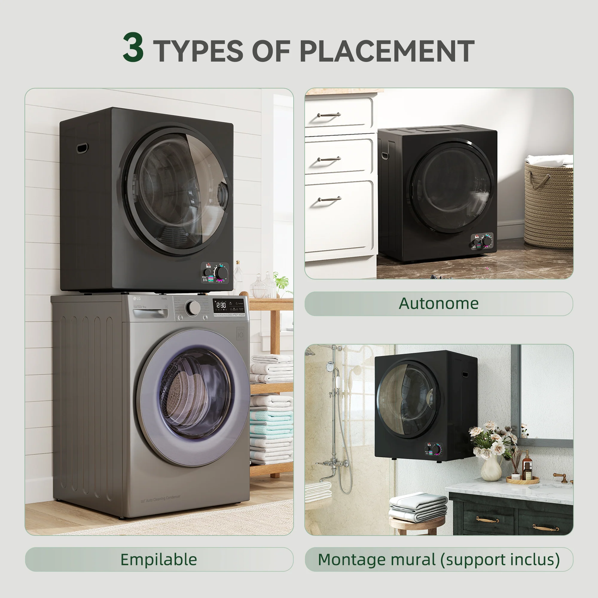 Sèche-linge à évacuation portable, sèche-linge électrique 850 W, 4 Kg, 4 modes de séchage, 2 niveaux de chauffage, cuve en acier inoxydable, installation murale, pour appartement dortoir, noir - Image 9
