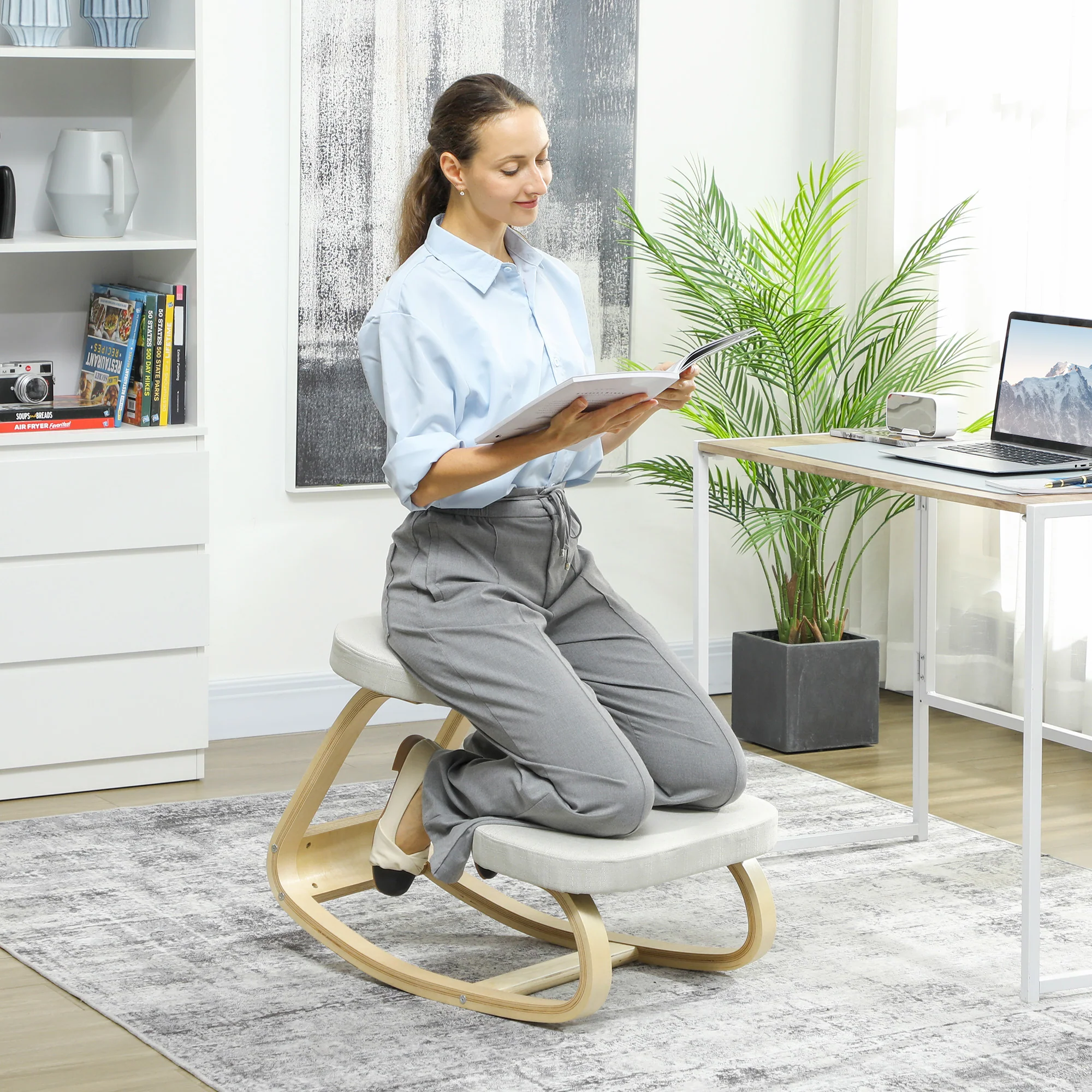 Siège assis genoux, siège ergonomique en bois à bascule, chaise à genoux pour bureau à domicile, améliorer la posture, maux de dos, crème - Image 3