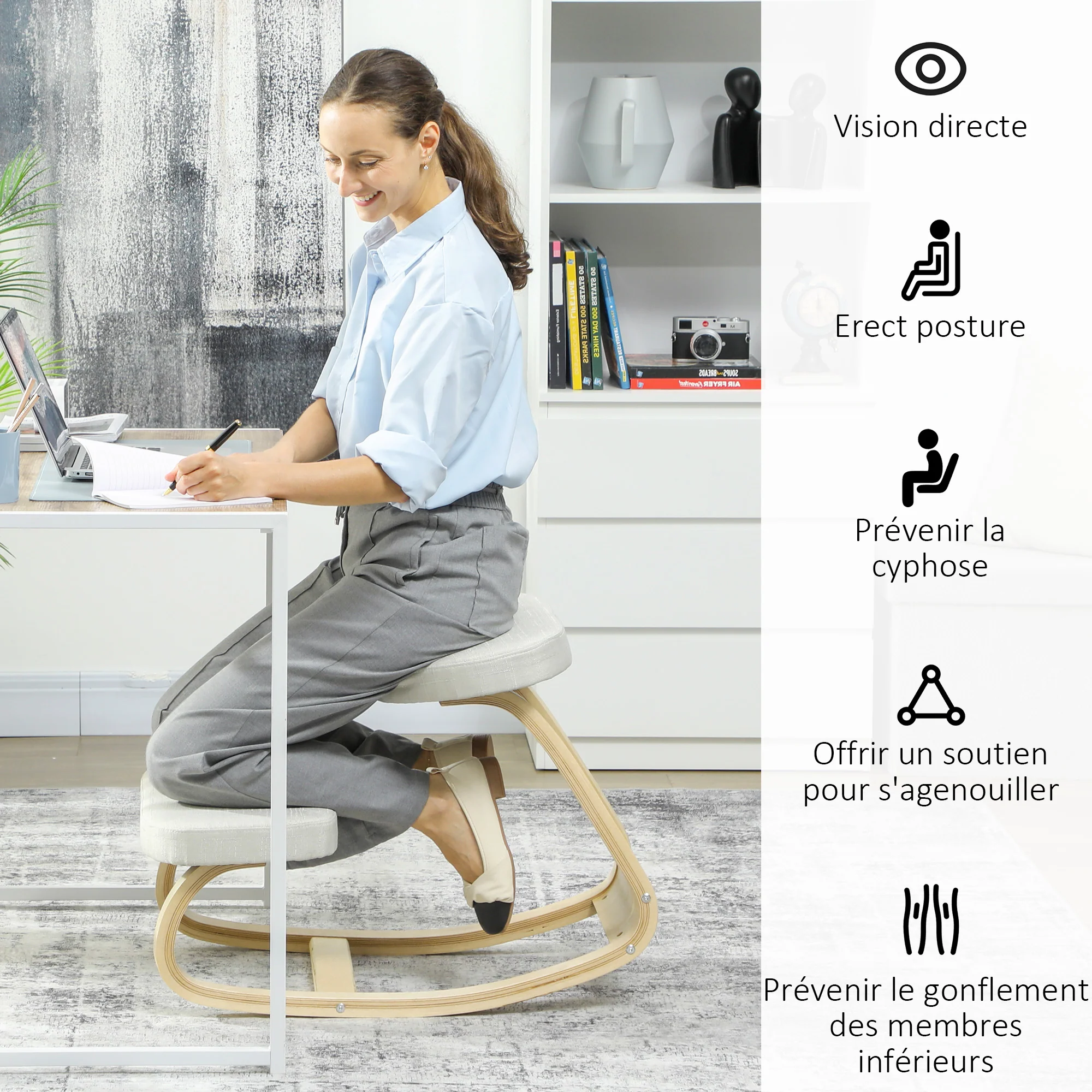 Siège assis genoux, siège ergonomique en bois à bascule, chaise à genoux pour bureau à domicile, améliorer la posture, maux de dos, crème - Image 6