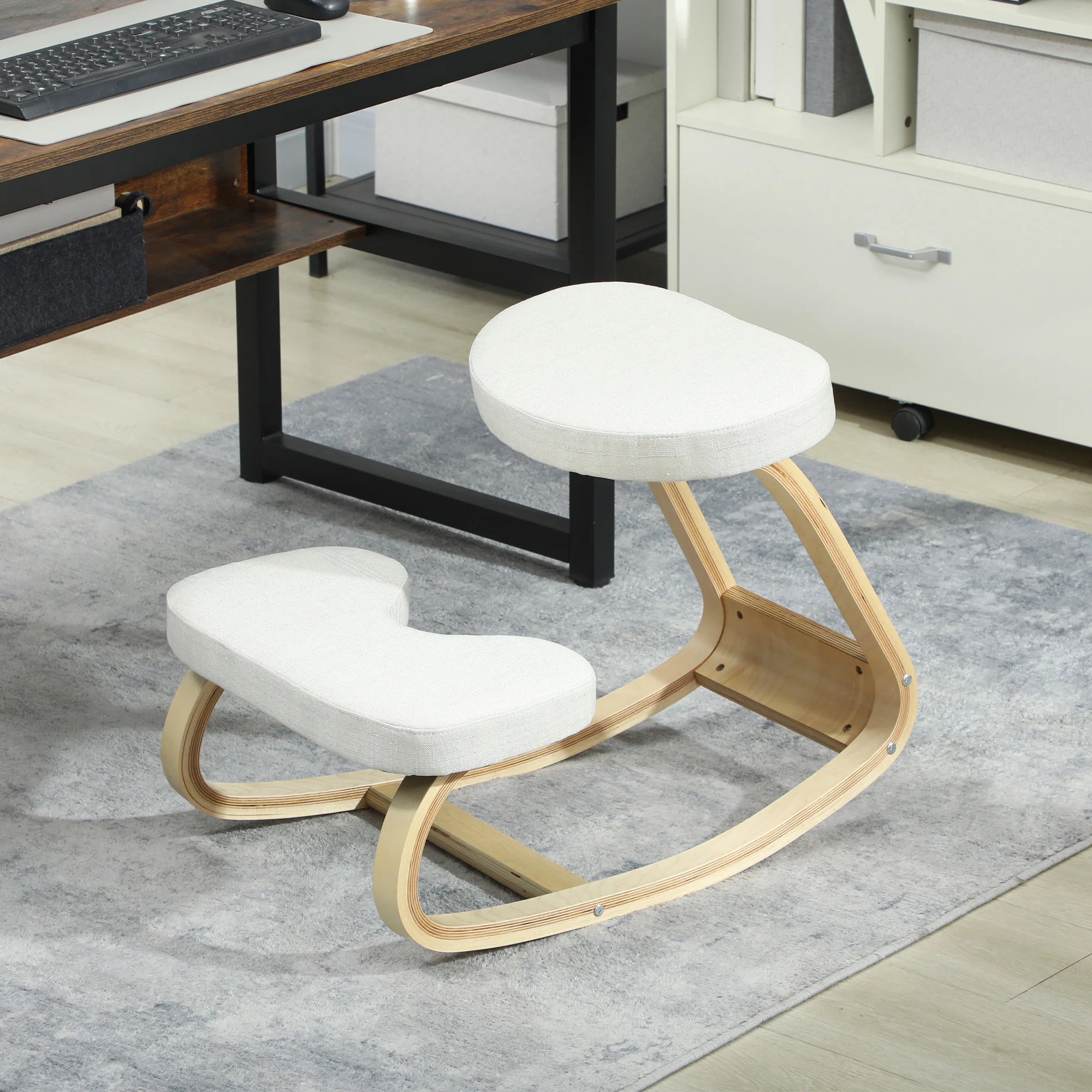 Siège assis genoux, siège ergonomique en bois à bascule, chaise à genoux pour bureau à domicile, améliorer la posture, maux de dos, crème - Image 9