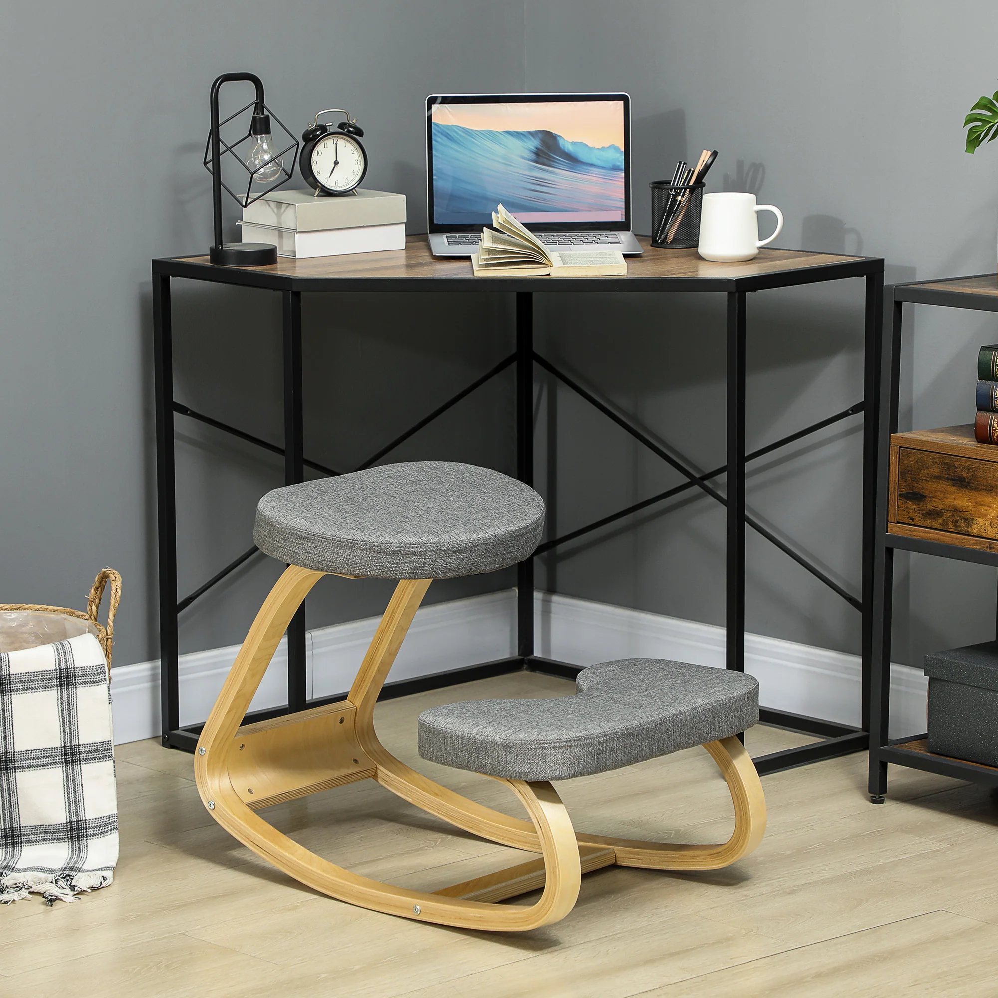 Siège assis genoux, siège ergonomique en bois à bascule, chaise à genoux pour bureau à domicile, améliorer la posture, maux de dos, gris - Image 3