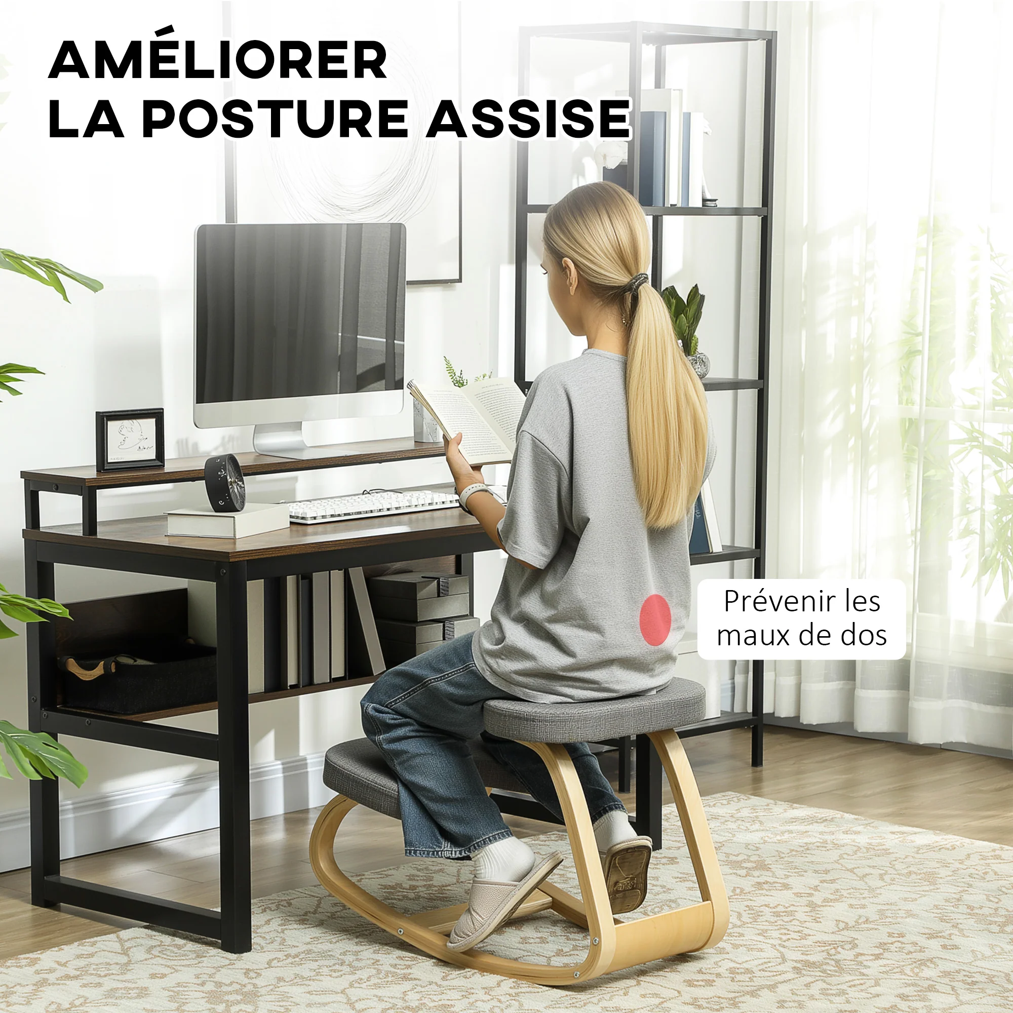 Siège assis genoux, siège ergonomique en bois à bascule, chaise à genoux pour bureau à domicile, améliorer la posture, maux de dos, gris - Image 5
