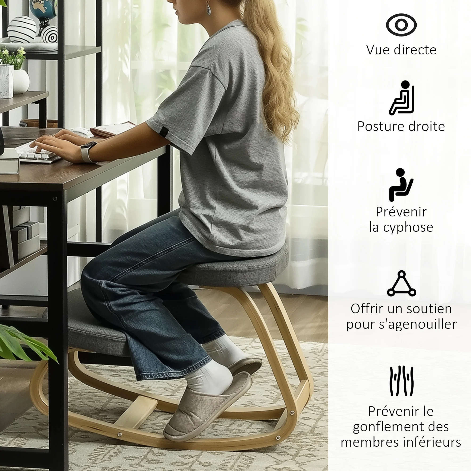 Siège assis genoux, siège ergonomique en bois à bascule, chaise à genoux pour bureau à domicile, améliorer la posture, maux de dos, gris - Image 6