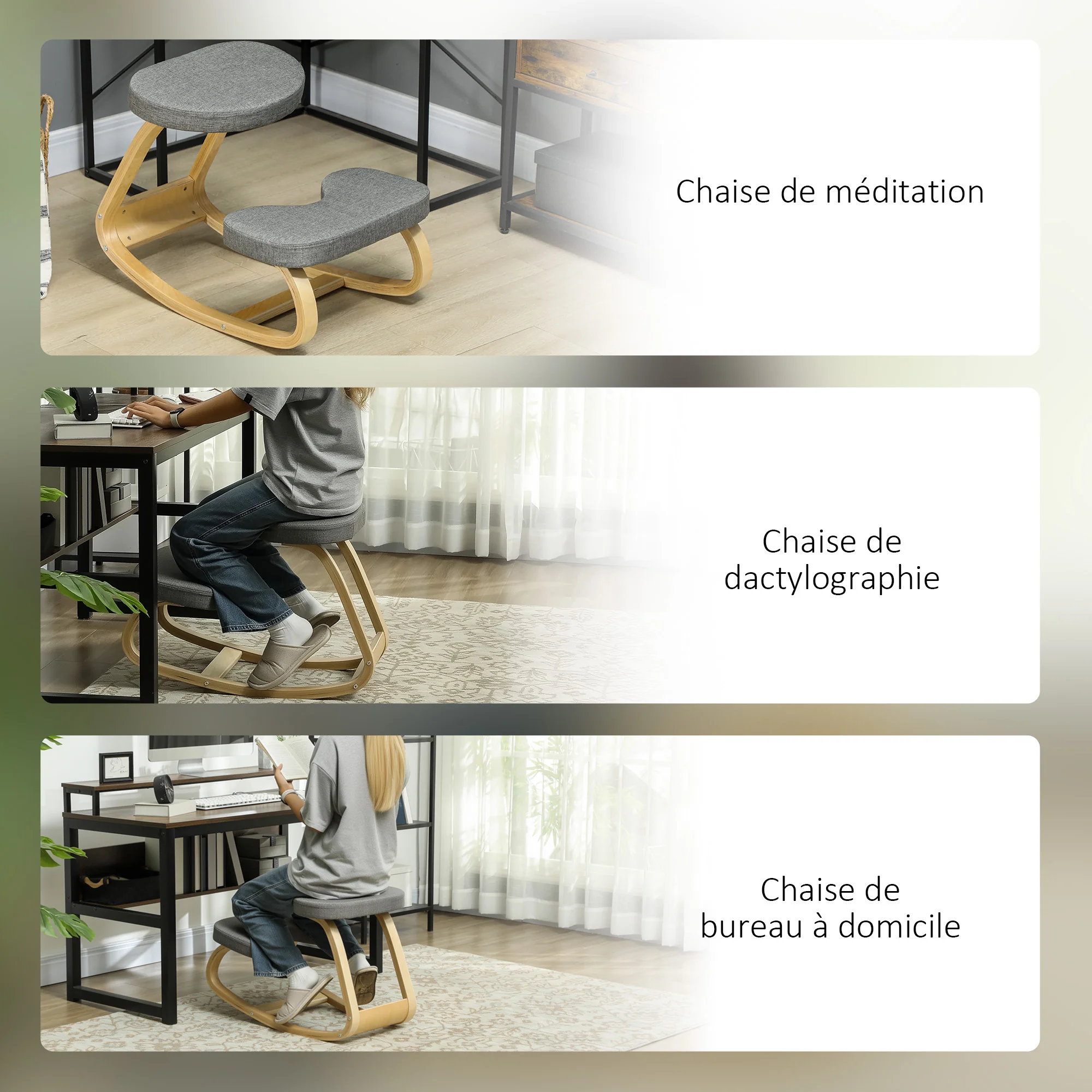 Siège assis genoux, siège ergonomique en bois à bascule, chaise à genoux pour bureau à domicile, améliorer la posture, maux de dos, gris - Image 8