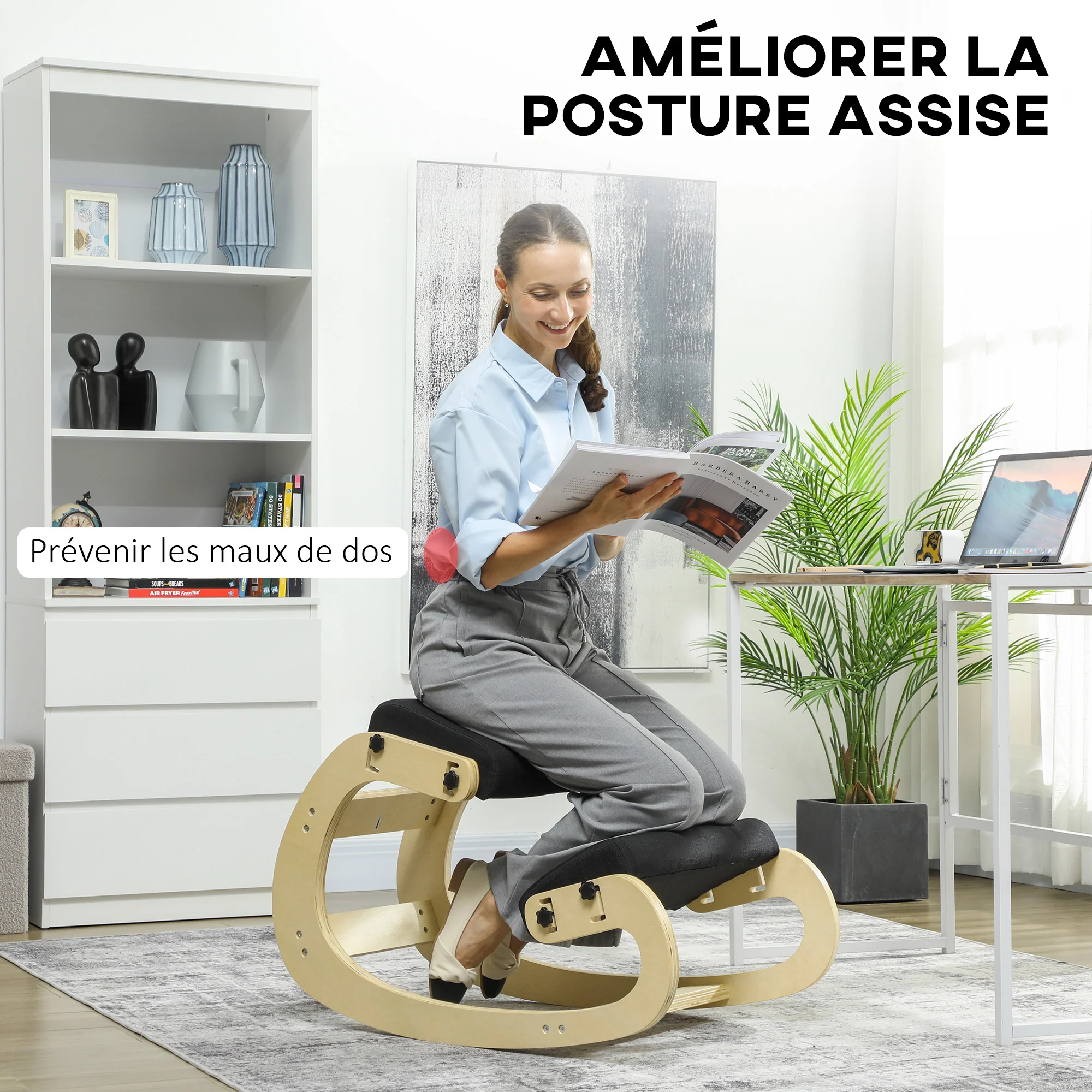 Siège assis genoux, siège ergonomique en bois à bascule, chaise à genoux réglable pour bureau à domicile, améliorer la posture, maux de dos, noir - Image 5