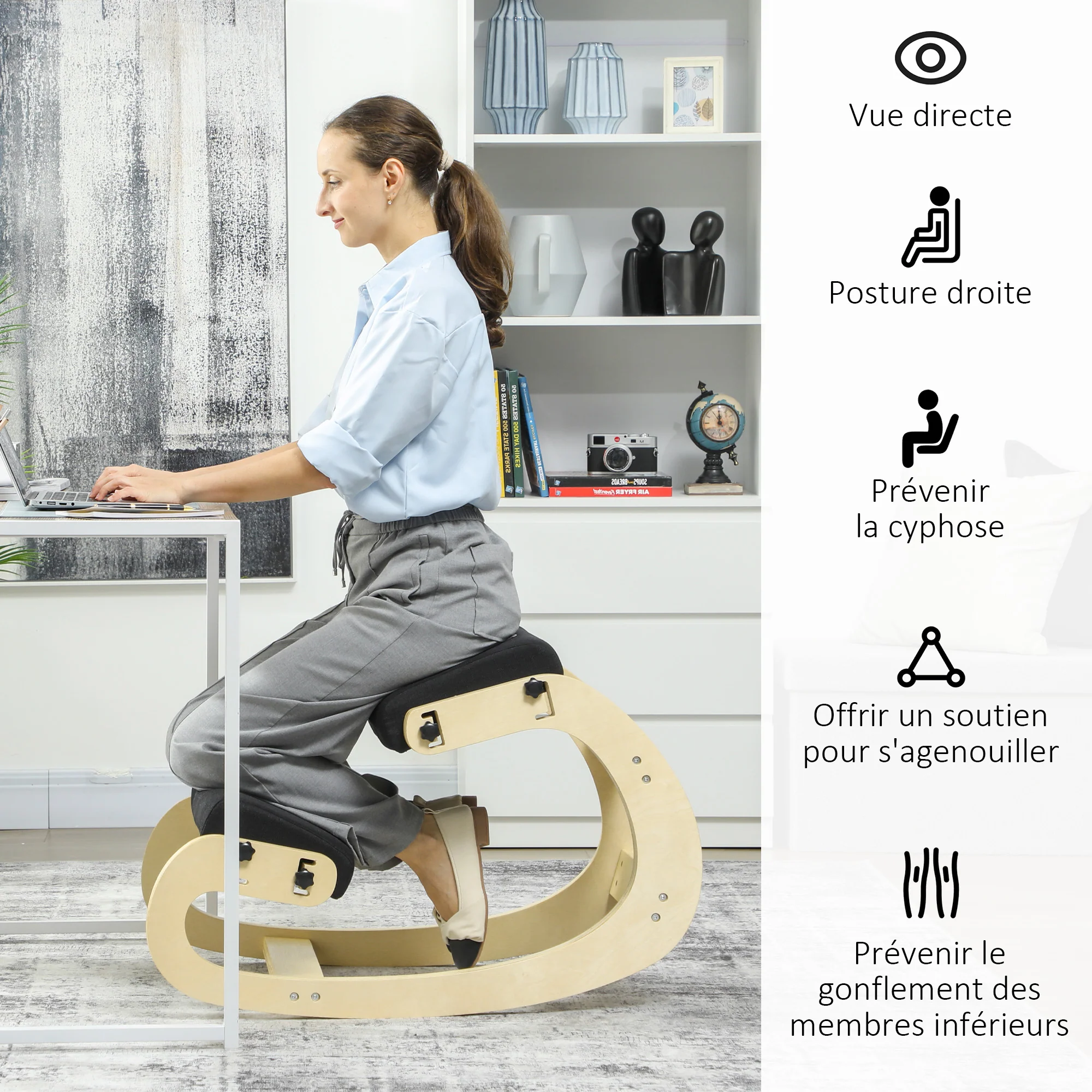 Siège assis genoux, siège ergonomique en bois à bascule, chaise à genoux réglable pour bureau à domicile, améliorer la posture, maux de dos, noir - Image 7