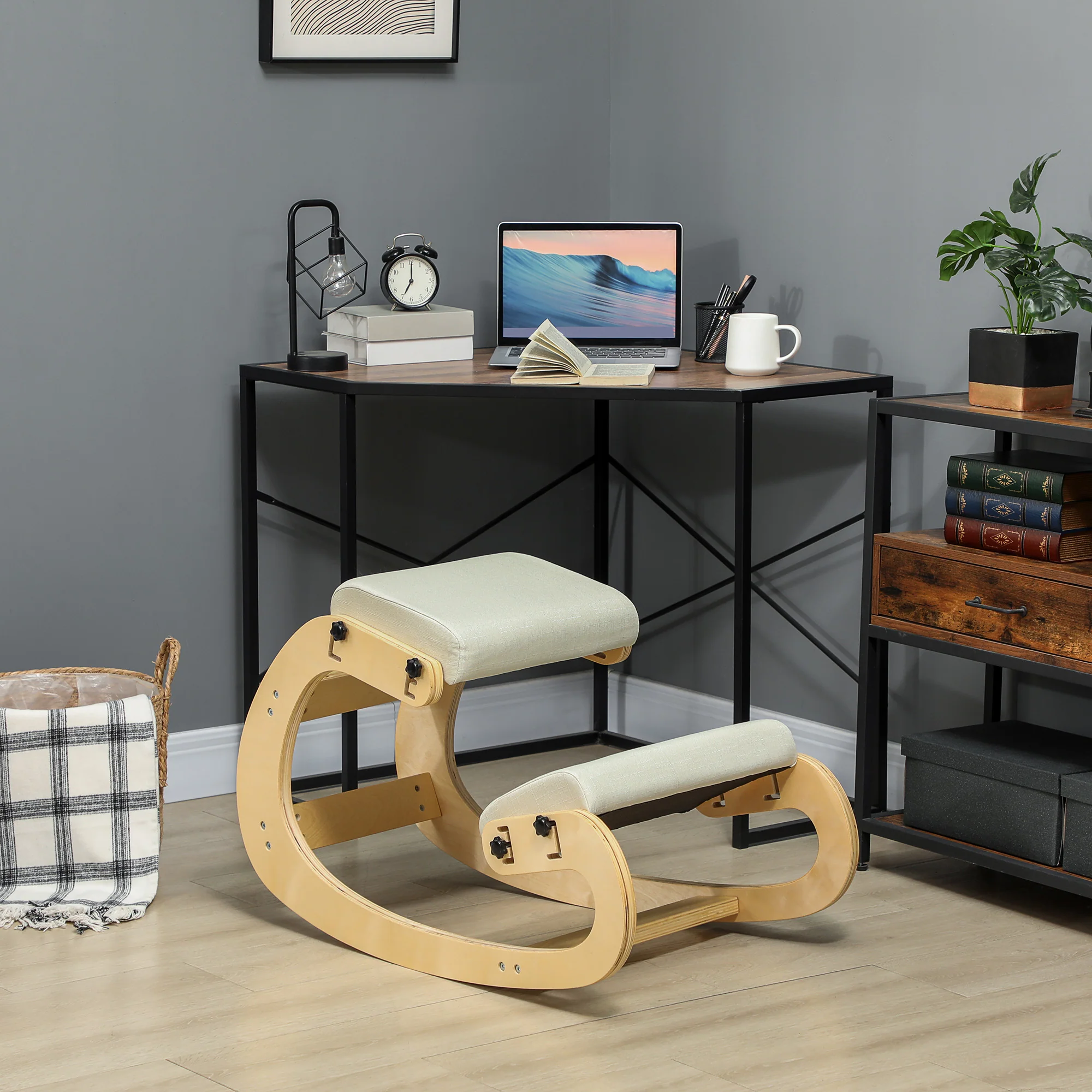 Siège assis genoux, siège ergonomique en bois à bascule, chaise à genoux réglable pour bureau à domicile, améliorer la posture, maux de dos, crème - Image 3