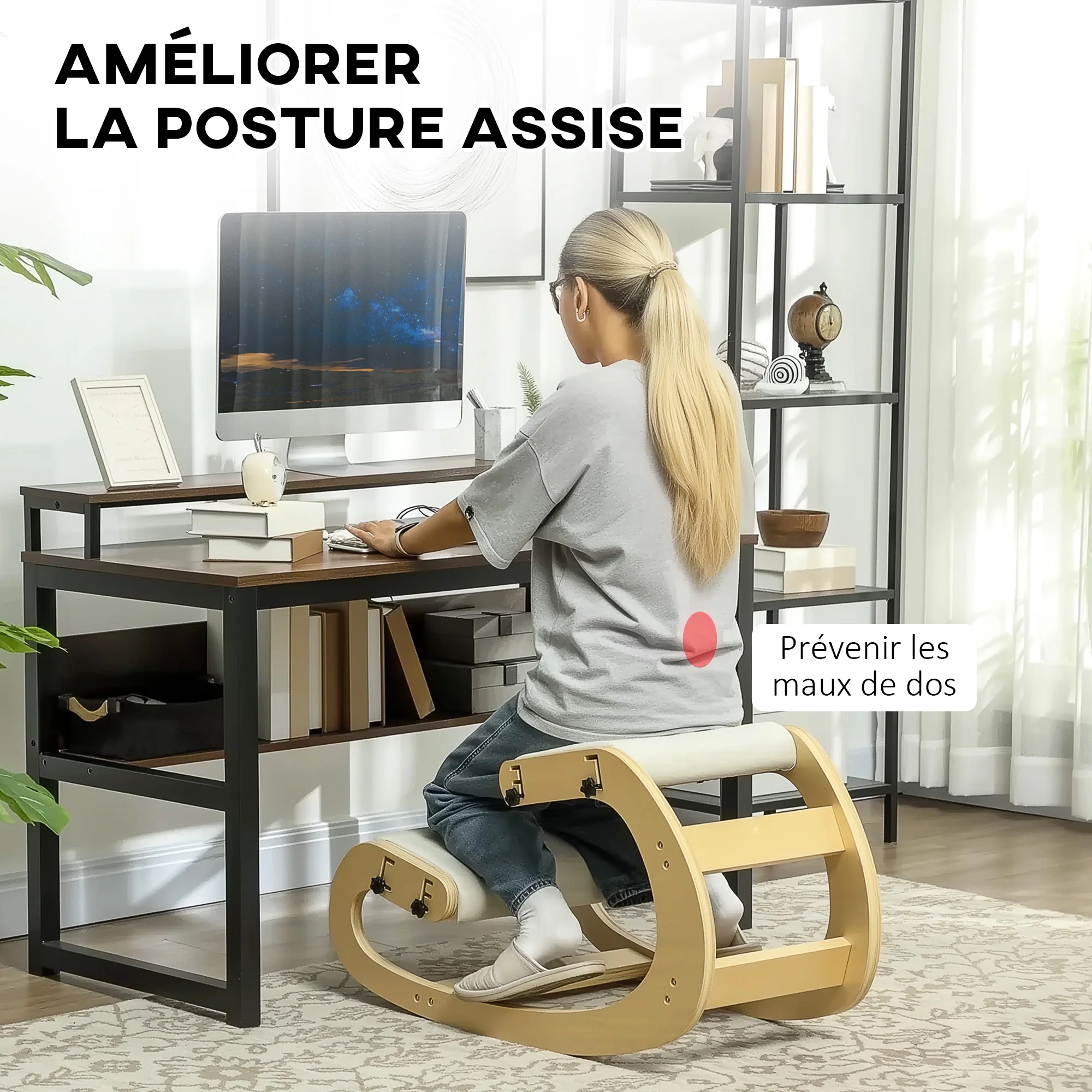 Siège assis genoux, siège ergonomique en bois à bascule, chaise à genoux réglable pour bureau à domicile, améliorer la posture, maux de dos, crème - Image 5