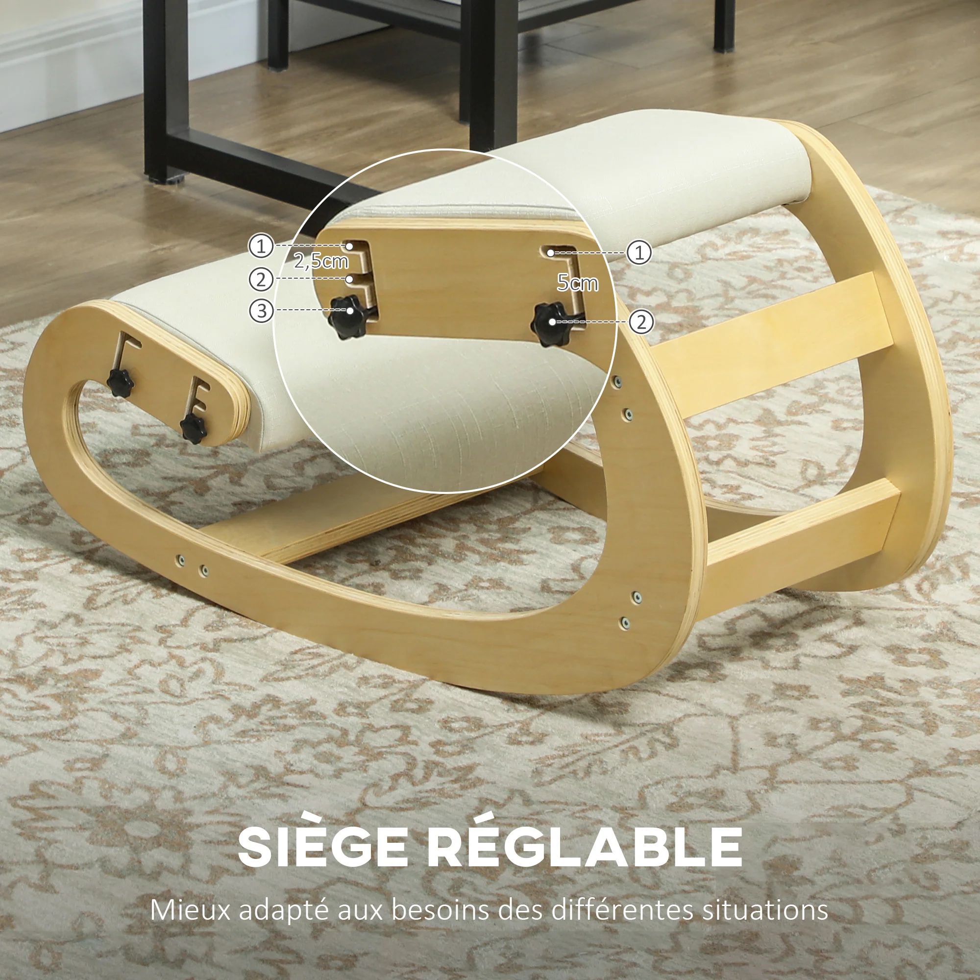 Siège assis genoux, siège ergonomique en bois à bascule, chaise à genoux réglable pour bureau à domicile, améliorer la posture, maux de dos, crème - Image 6