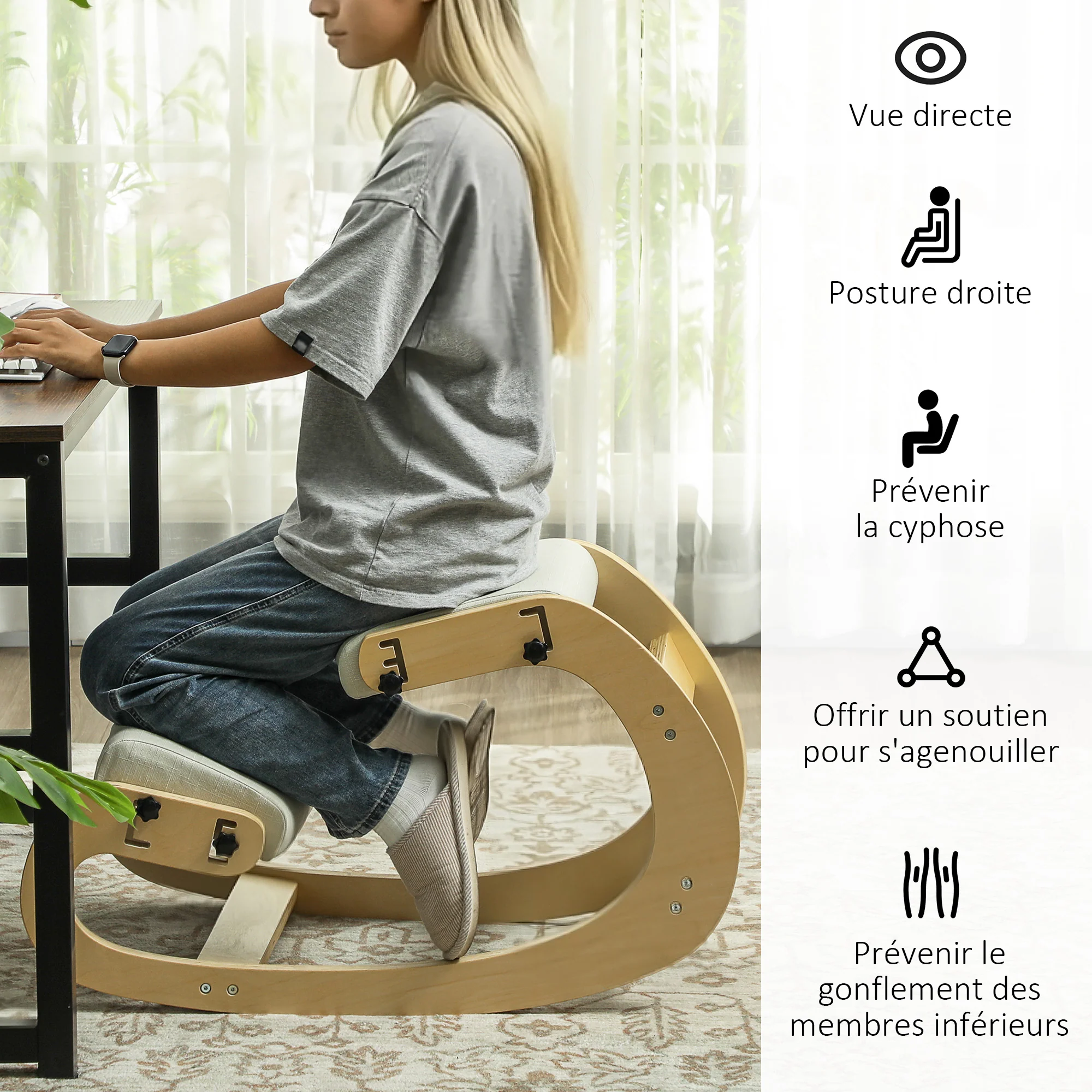 Siège assis genoux, siège ergonomique en bois à bascule, chaise à genoux réglable pour bureau à domicile, améliorer la posture, maux de dos, crème - Image 7