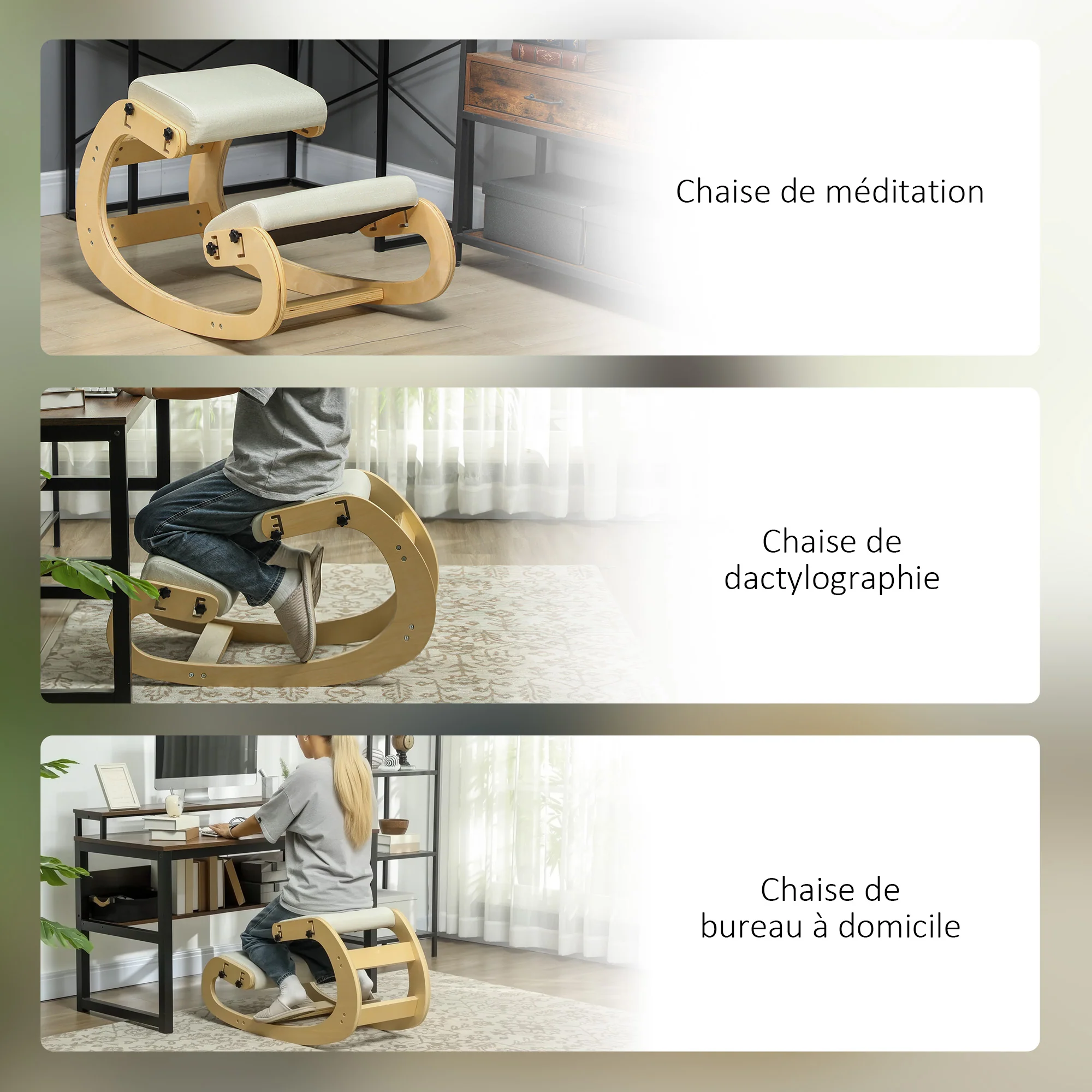 Siège assis genoux, siège ergonomique en bois à bascule, chaise à genoux réglable pour bureau à domicile, améliorer la posture, maux de dos, crème - Image 9