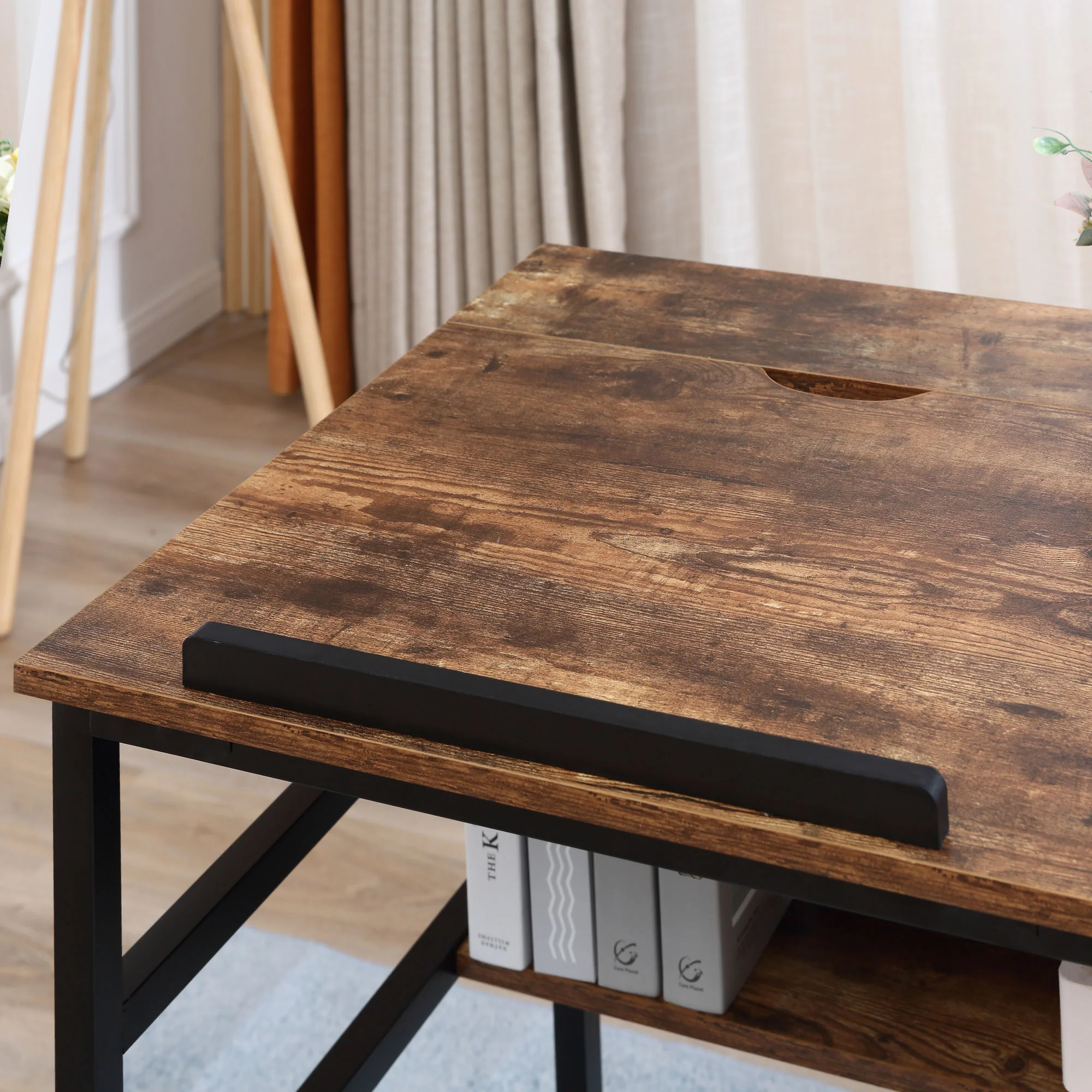 Table à dessin inclinable bureau informatique design industriel - plateau relevable, étagère - panneaux particules aspect vieux bois métal noir - Image 10