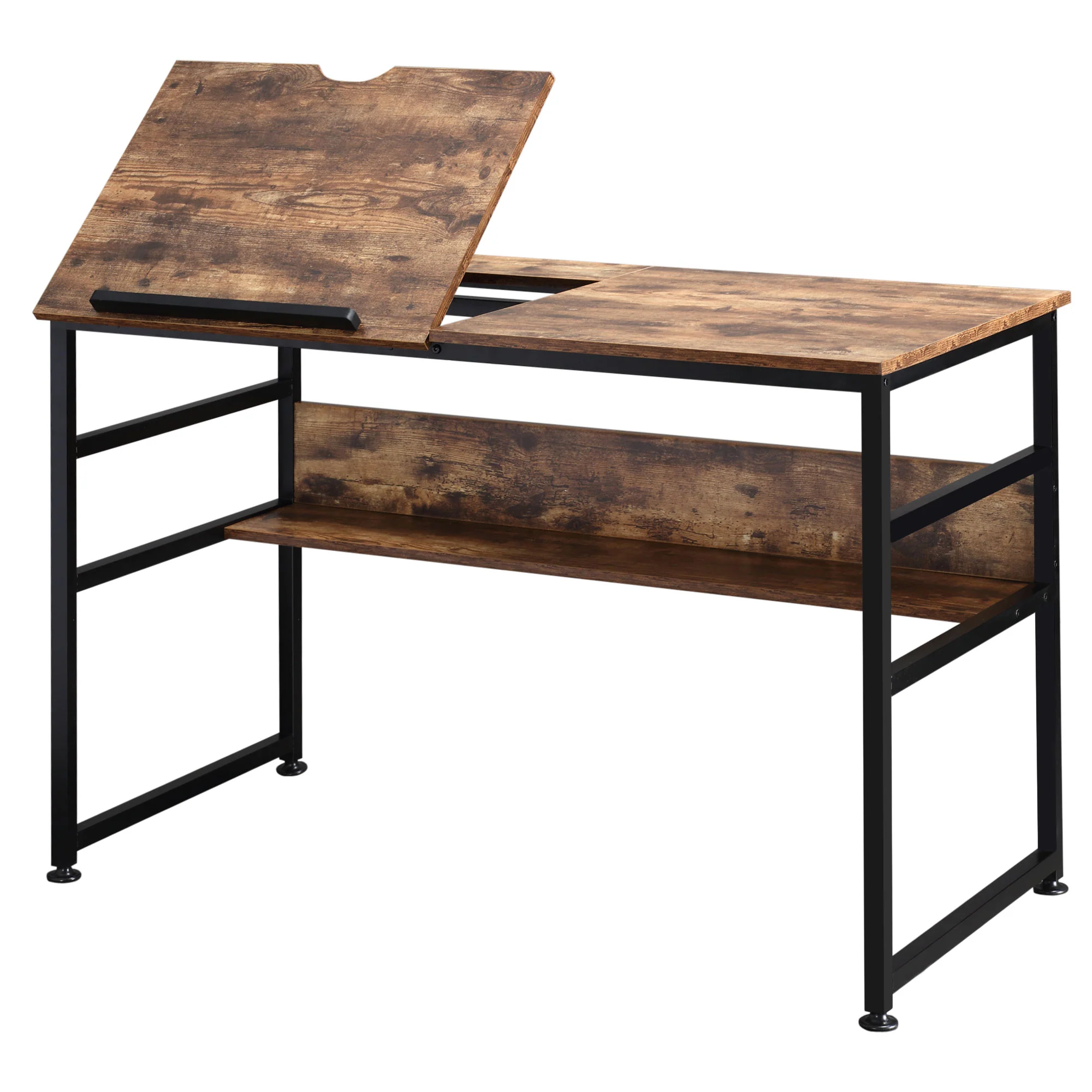 Table à dessin inclinable bureau informatique design industriel - plateau relevable, étagère - panneaux particules aspect vieux bois métal noir - Image 11