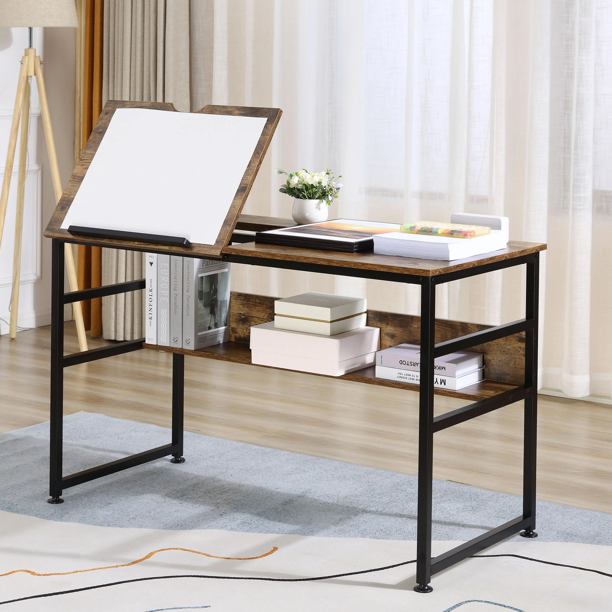 Table à dessin inclinable bureau informatique design industriel - plateau relevable, étagère - panneaux particules aspect vieux bois métal noir - Image 3