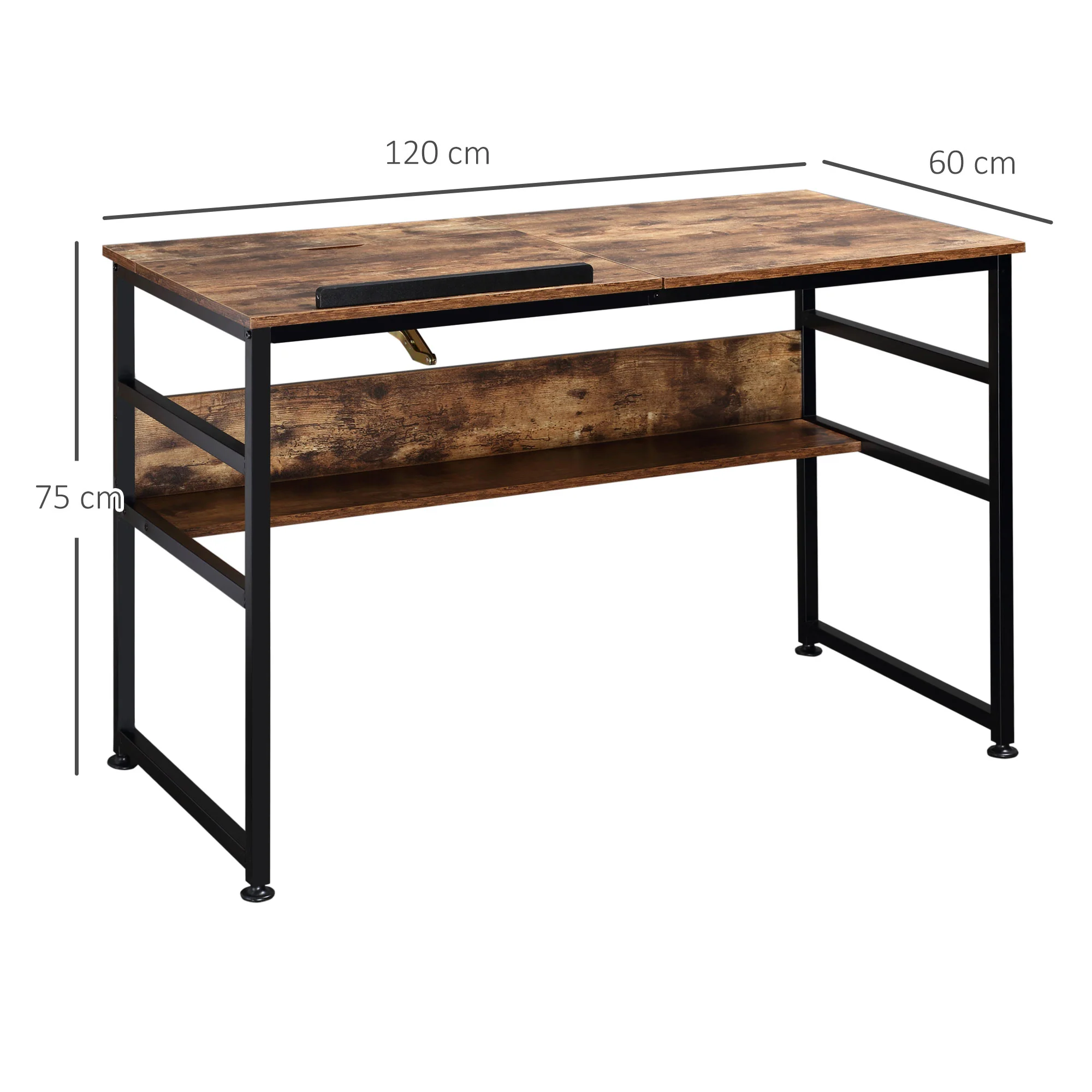 Table à dessin inclinable bureau informatique design industriel - plateau relevable, étagère - panneaux particules aspect vieux bois métal noir - Image 4