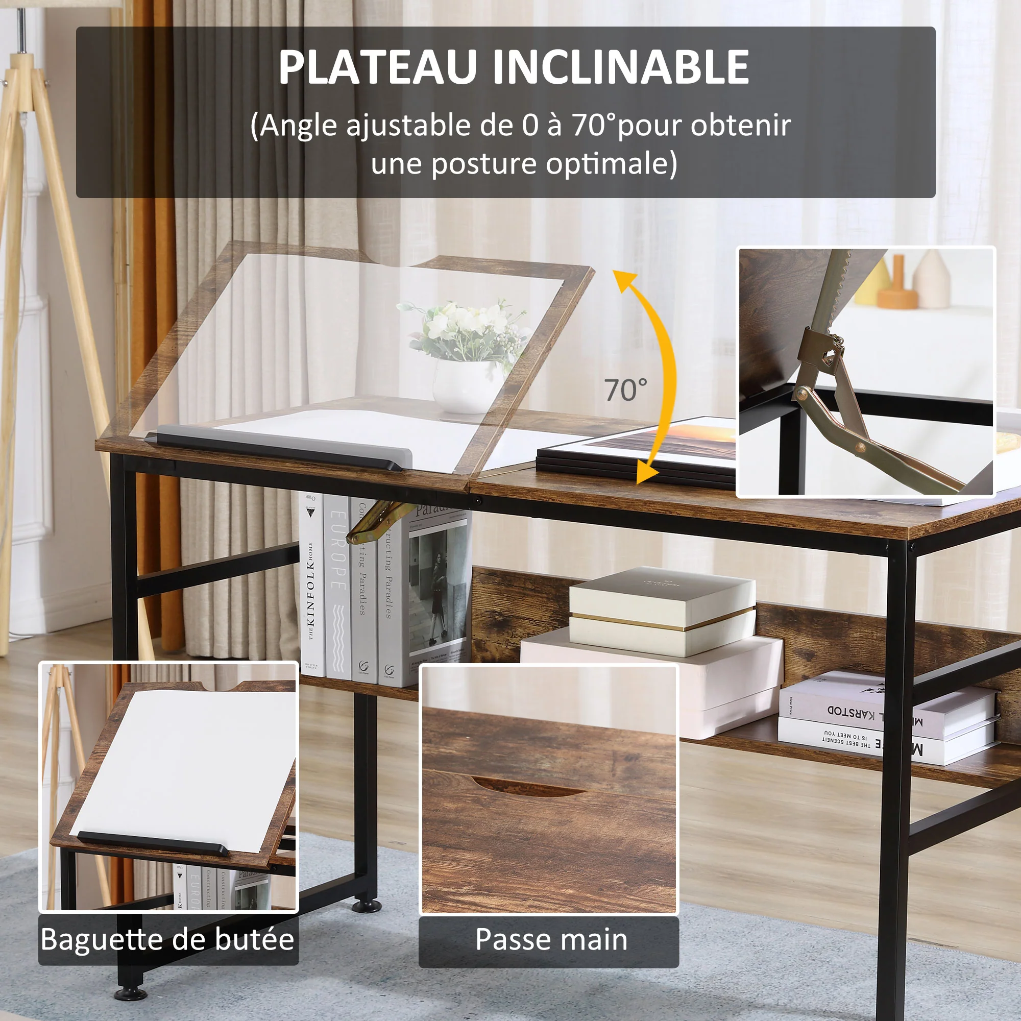 Table à dessin inclinable bureau informatique design industriel - plateau relevable, étagère - panneaux particules aspect vieux bois métal noir - Image 5