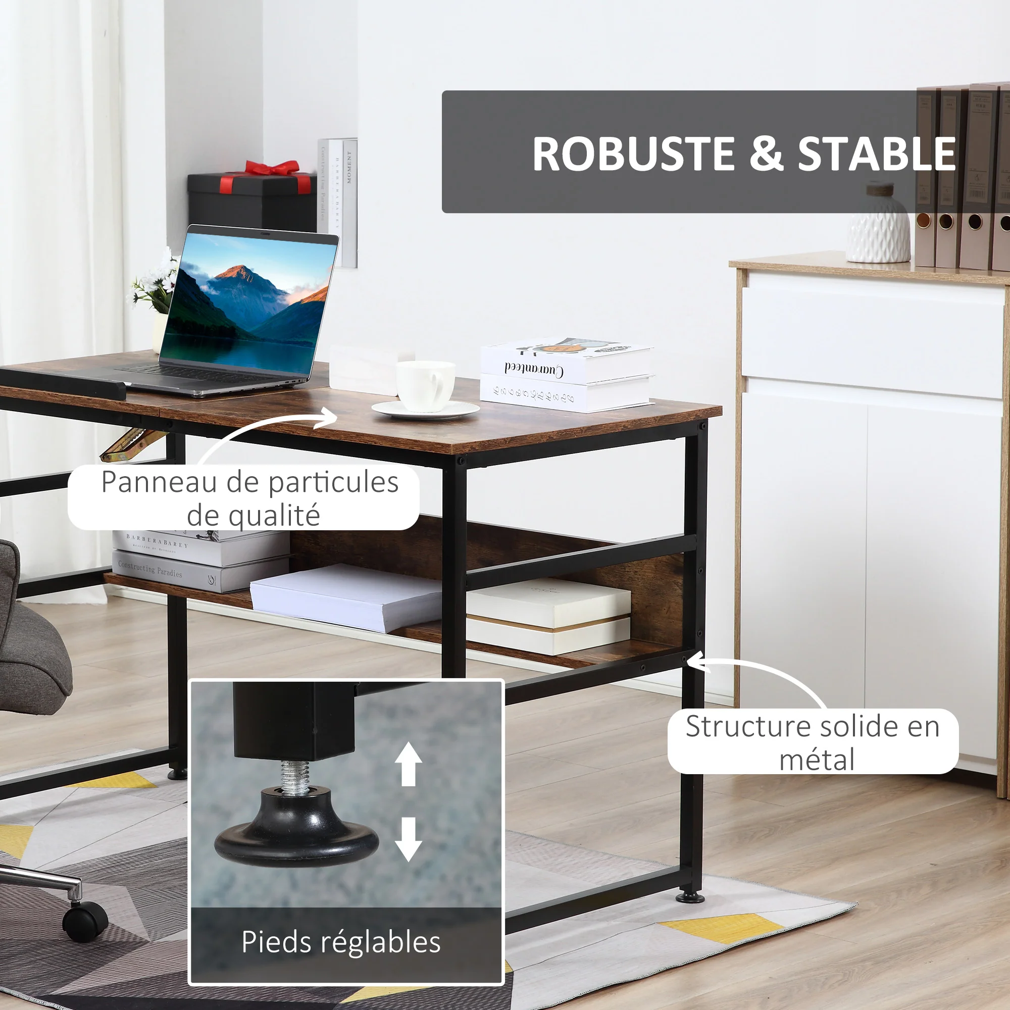 Table à dessin inclinable bureau informatique design industriel - plateau relevable, étagère - panneaux particules aspect vieux bois métal noir - Image 6