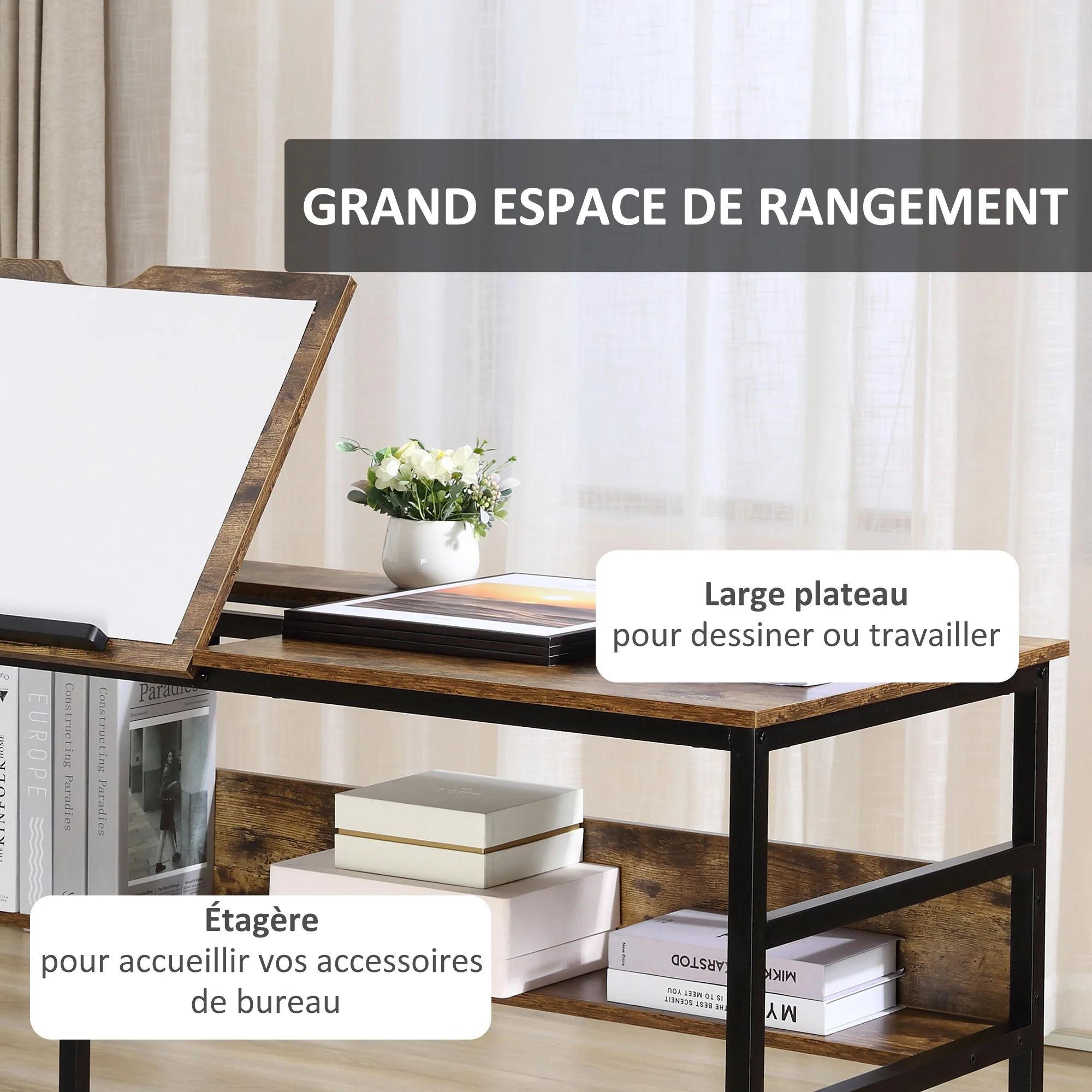 Table à dessin inclinable bureau informatique design industriel - plateau relevable, étagère - panneaux particules aspect vieux bois métal noir - Image 7