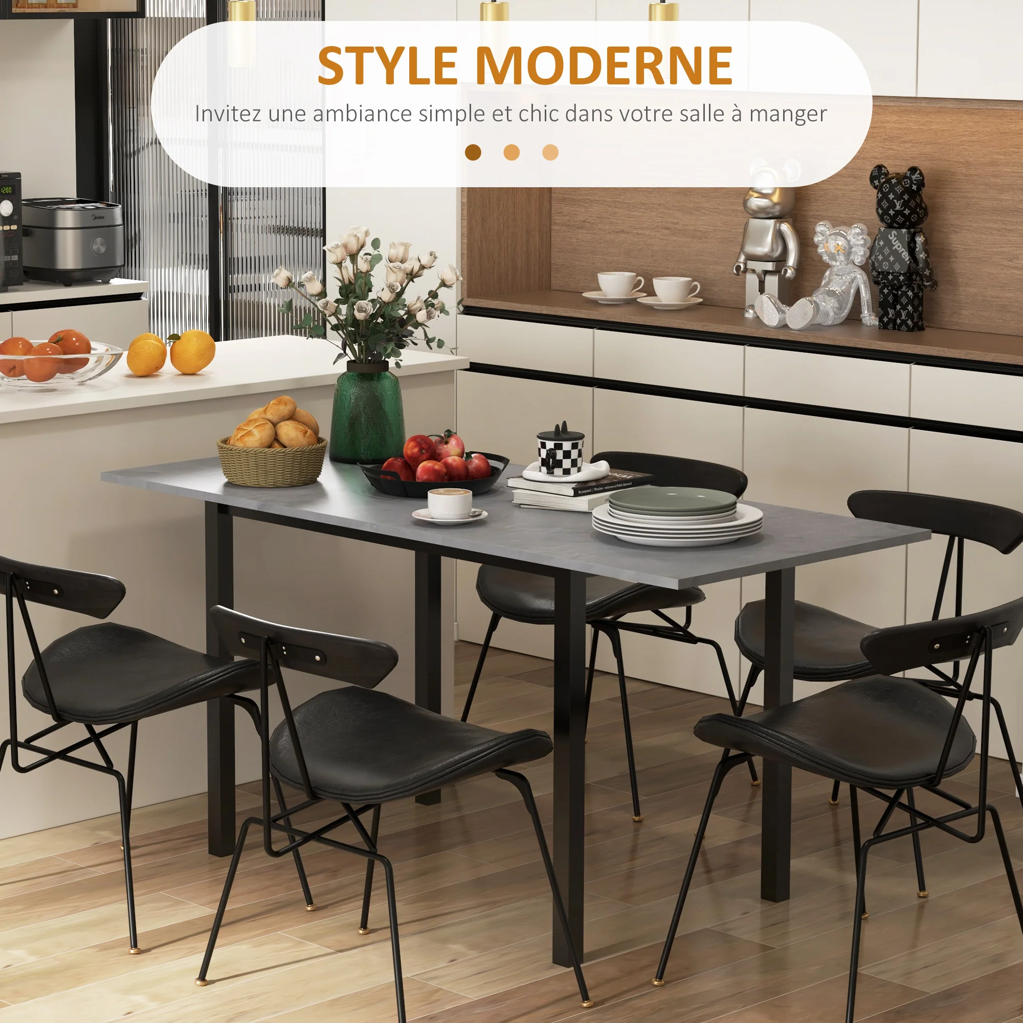 Table à manger extensible table de cuisine design moderne avec grand plateau 6 personnes cadre en acier gris foncé - Image 5