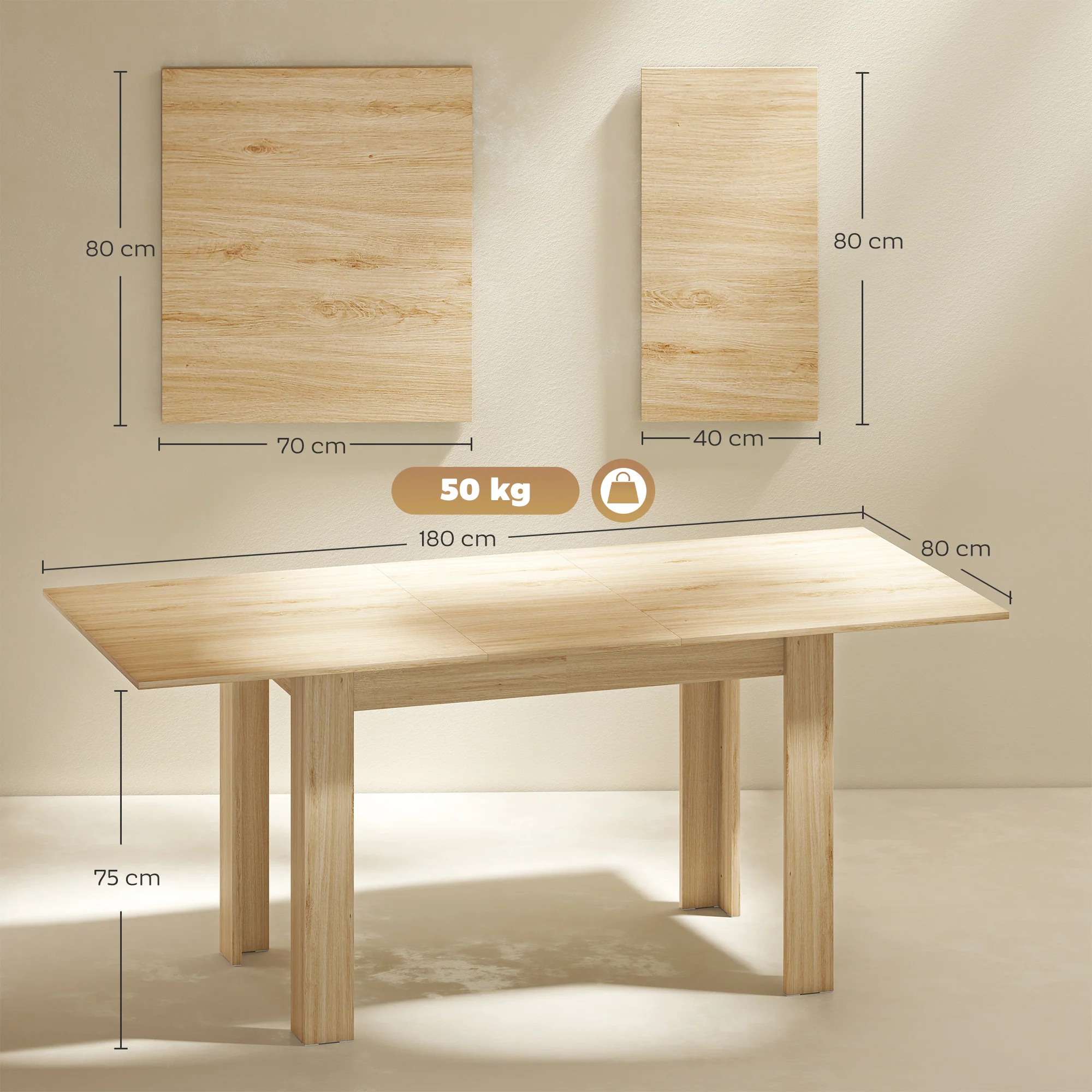 Table à manger extensible, table de cuisine rectangulaire, pour 6-8 personnes, pour petits espaces, design moderne, 140-180 x 80 cm, effet bois naturel - Image 4