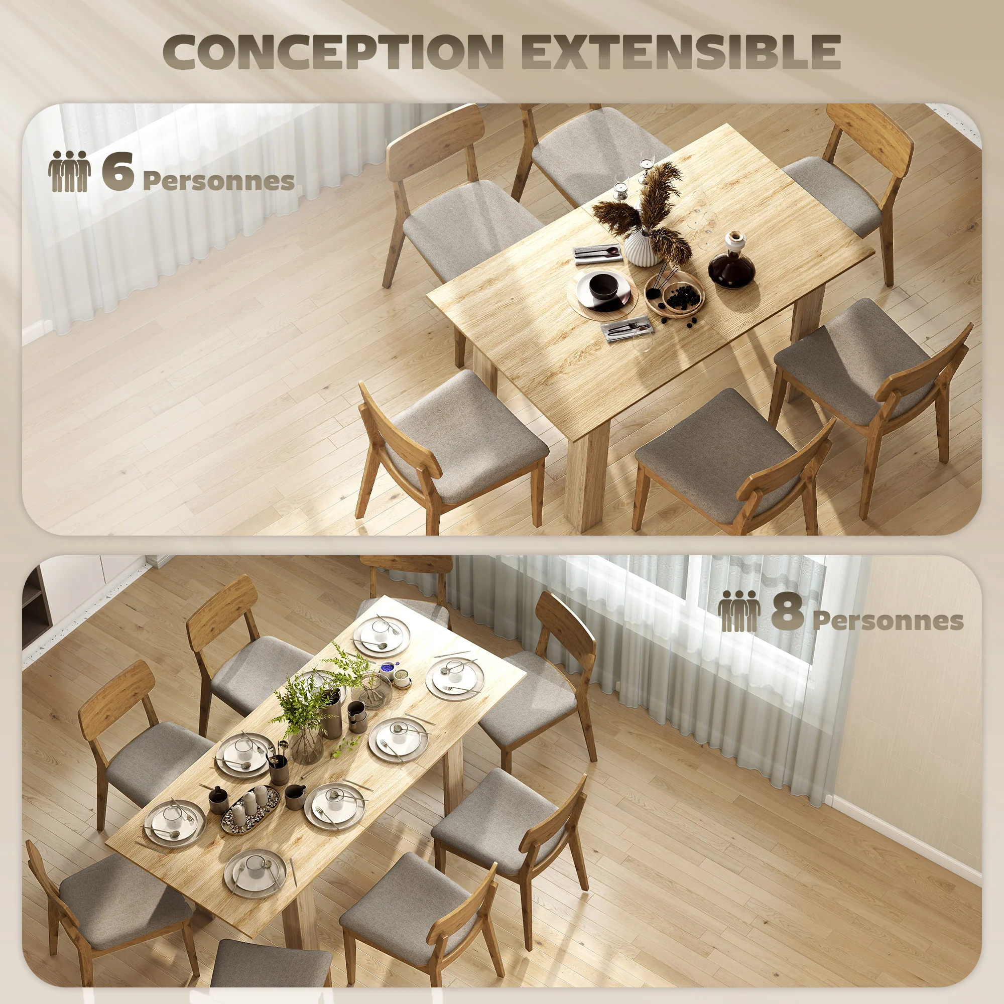 Table à manger extensible, table de cuisine rectangulaire, pour 6-8 personnes, pour petits espaces, design moderne, 140-180 x 80 cm, effet bois naturel - Image 5