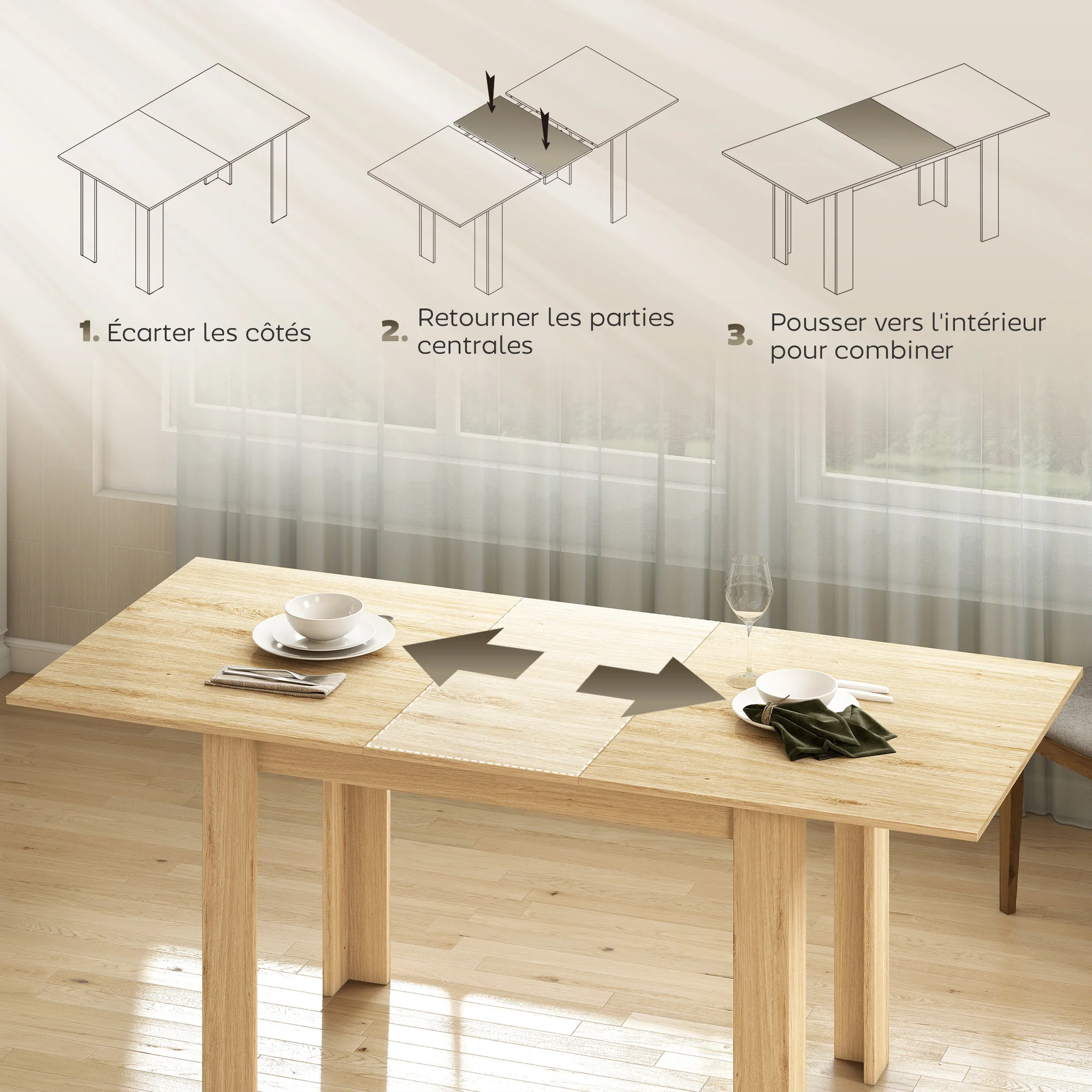 Table à manger extensible, table de cuisine rectangulaire, pour 6-8 personnes, pour petits espaces, design moderne, 140-180 x 80 cm, effet bois naturel - Image 6