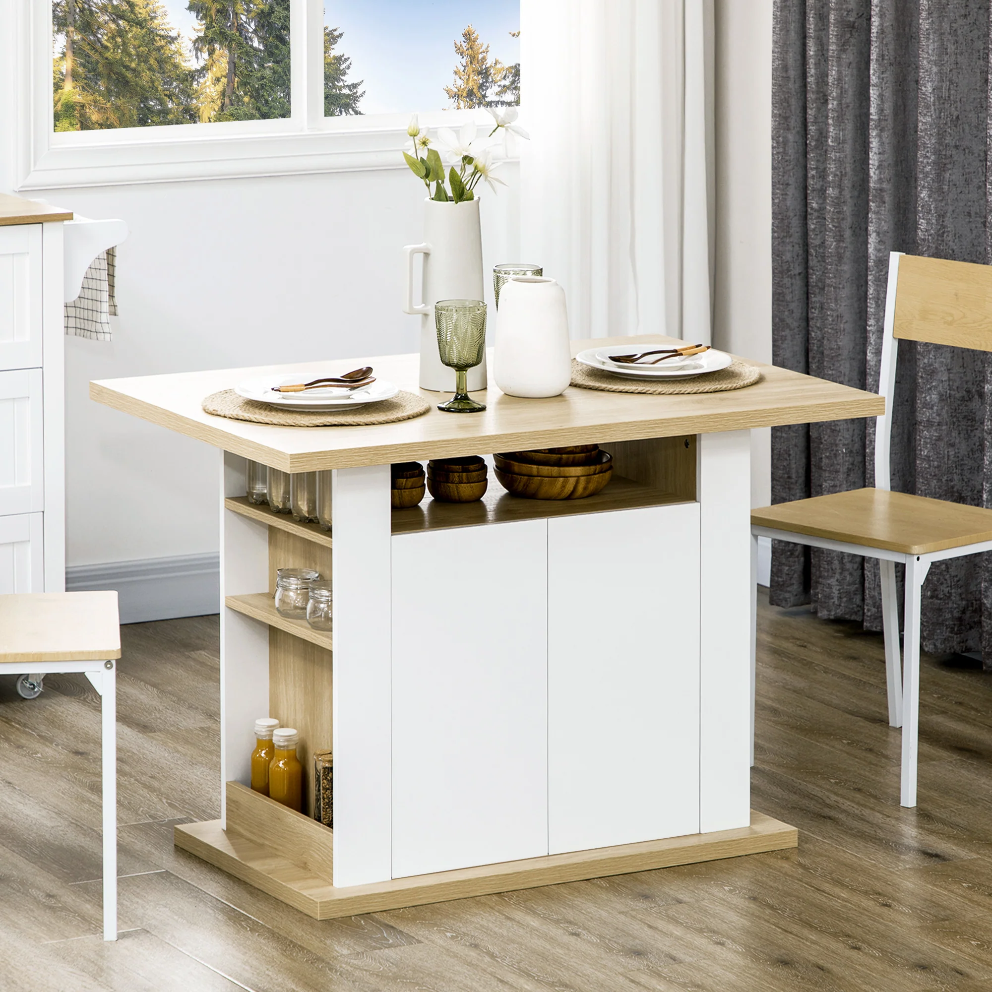 Table à manger ilot central cuisine meuble de rangement table avec grand plan de travail 4-6 personnes - placard 4 portes et étagères - en bois - dim. 110L x 70l x 75,5H cm blanc et naturel - Image 3