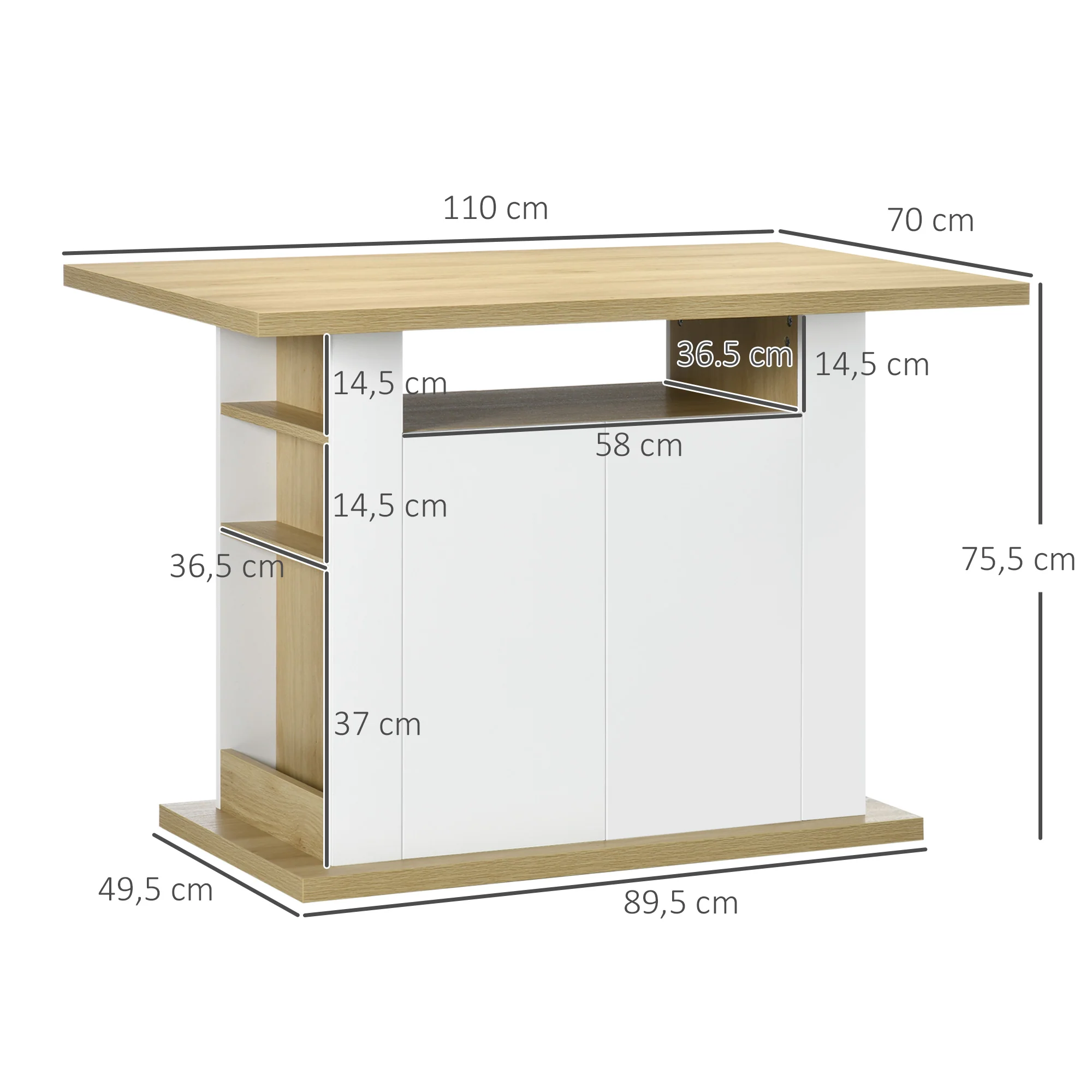 Table à manger ilot central cuisine meuble de rangement table avec grand plan de travail 4-6 personnes - placard 4 portes et étagères - en bois - dim. 110L x 70l x 75,5H cm blanc et naturel - Image 4