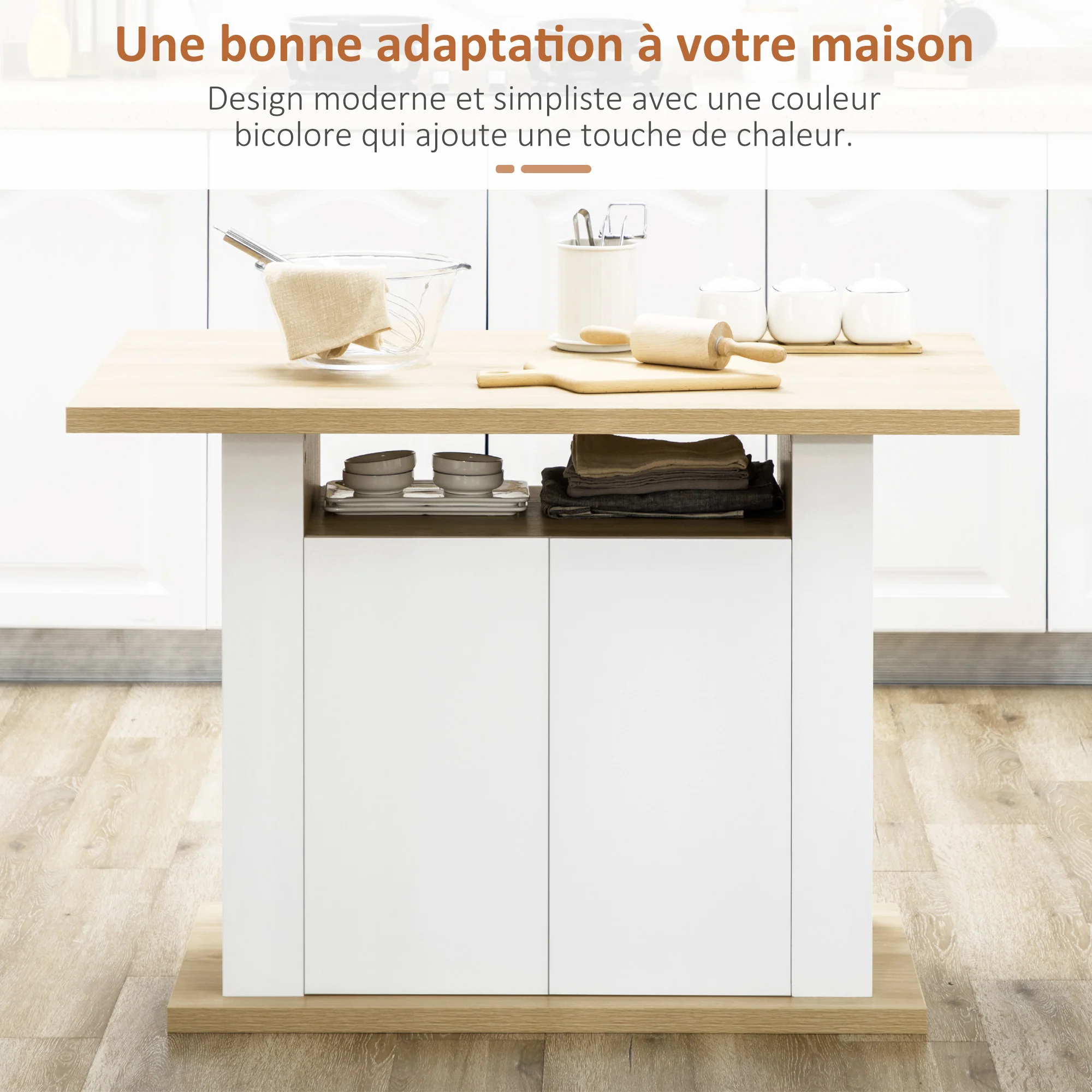 Table à manger ilot central cuisine meuble de rangement table avec grand plan de travail 4-6 personnes - placard 4 portes et étagères - en bois - dim. 110L x 70l x 75,5H cm blanc et naturel - Image 5