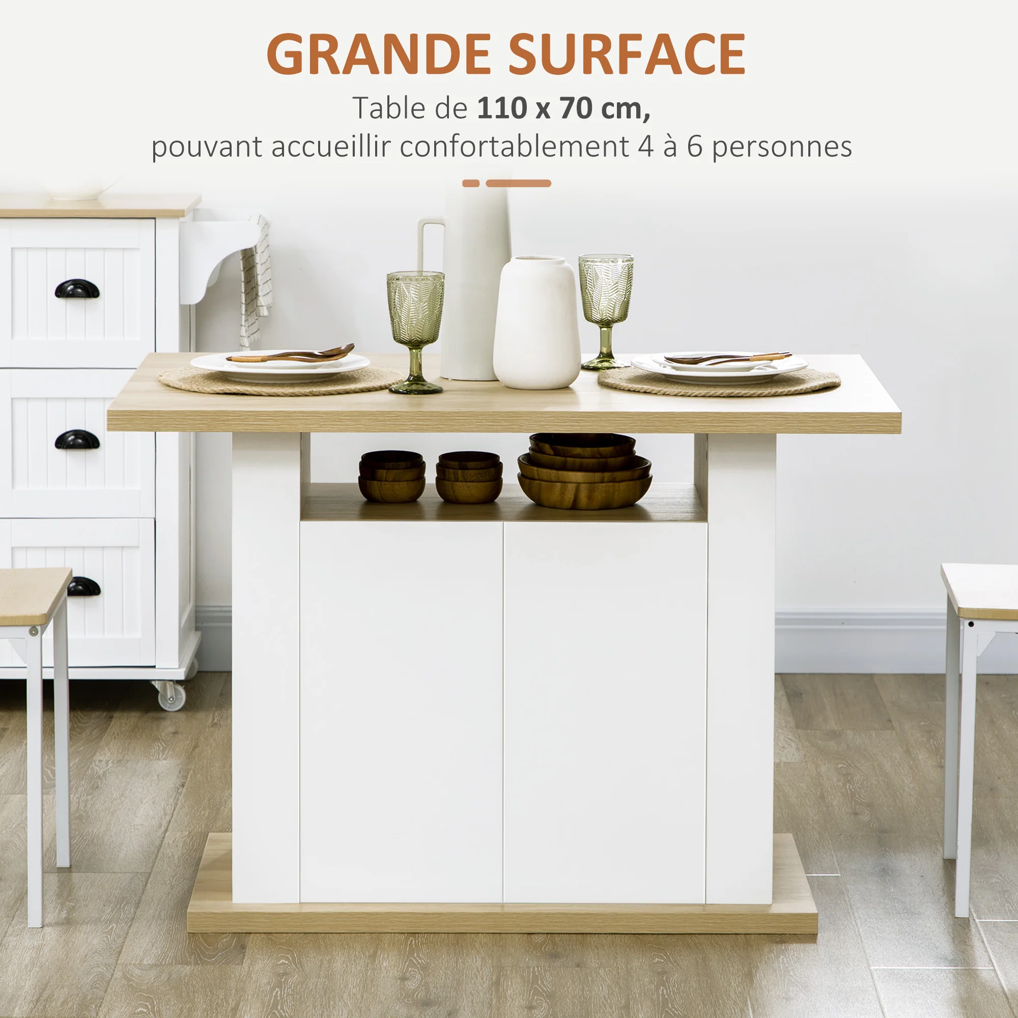 Table à manger ilot central cuisine meuble de rangement table avec grand plan de travail 4-6 personnes - placard 4 portes et étagères - en bois - dim. 110L x 70l x 75,5H cm blanc et naturel - Image 6