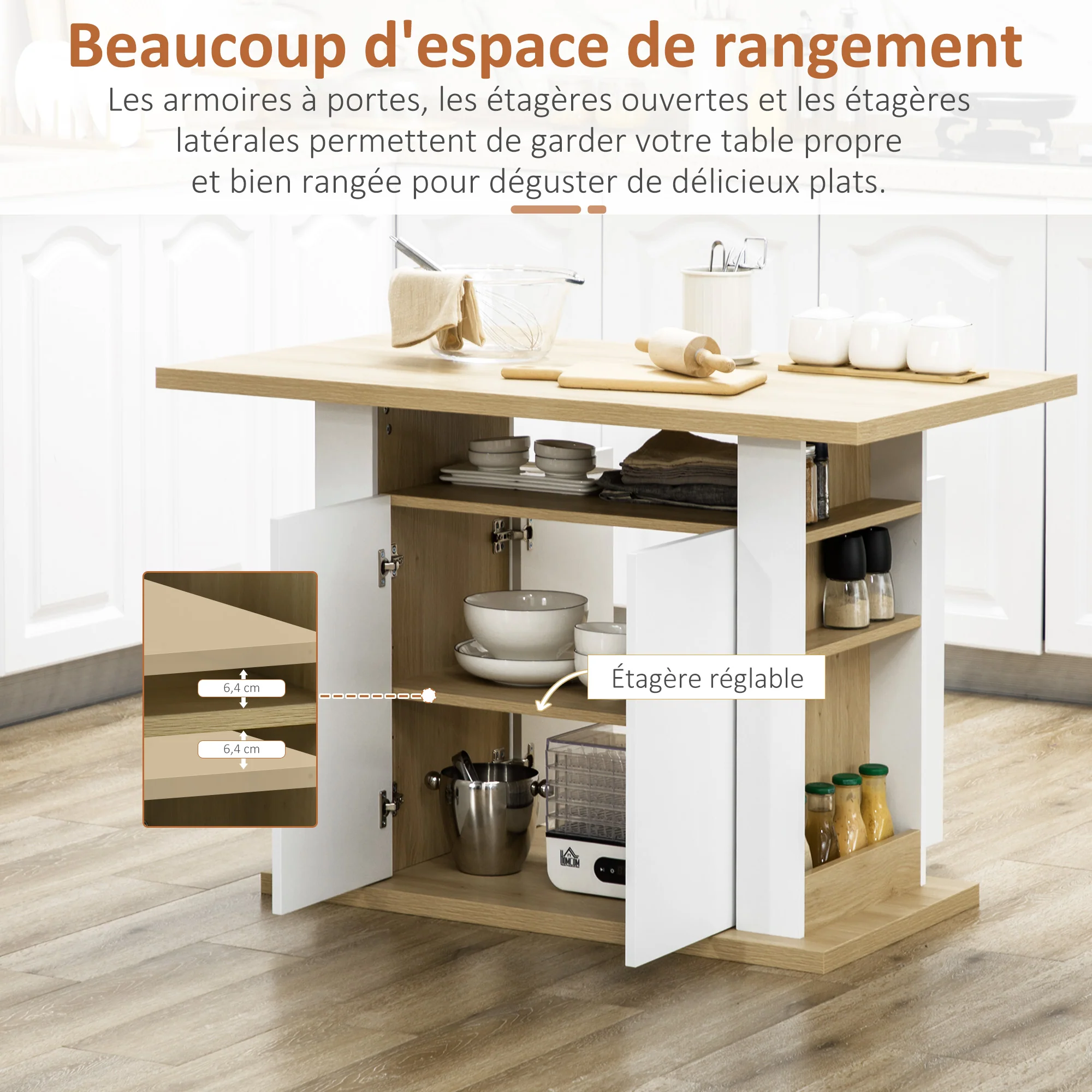 Table à manger ilot central cuisine meuble de rangement table avec grand plan de travail 4-6 personnes - placard 4 portes et étagères - en bois - dim. 110L x 70l x 75,5H cm blanc et naturel - Image 7