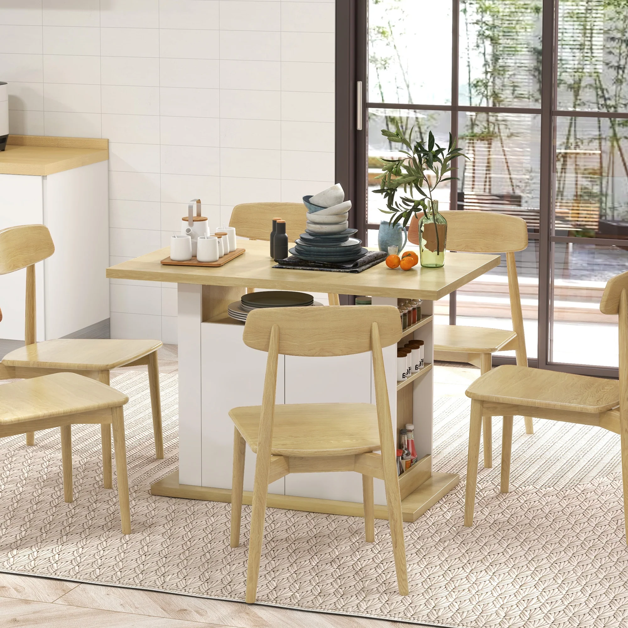 Table à manger ilot central cuisine meuble de rangement table avec grand plan de travail 4-6 personnes - placard 4 portes et étagères - en bois - dim. 110L x 70l x 75,5H cm blanc et naturel - Image 8