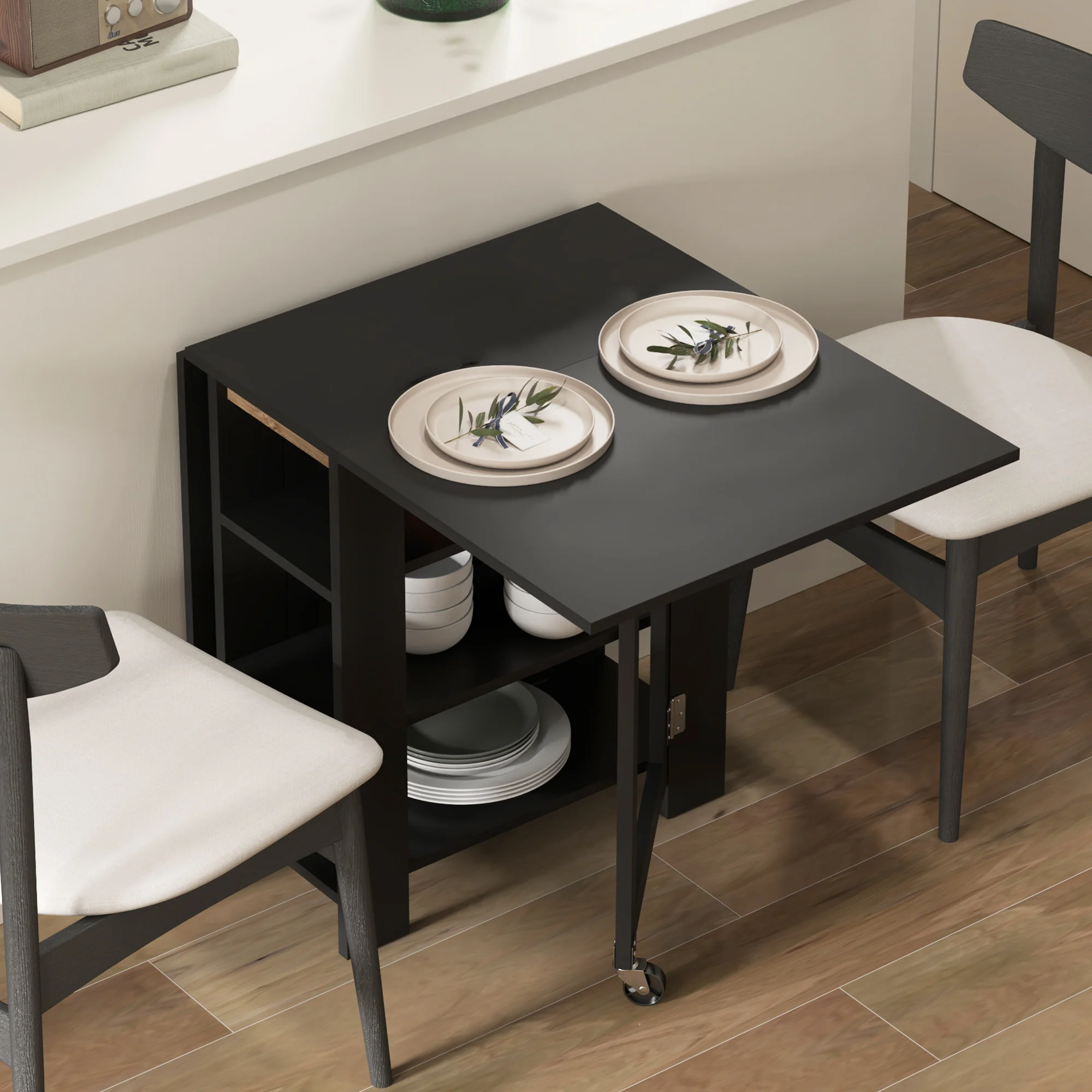 Table à manger pliable, table pliante cuisine, sur roulettes, avec 2 abattants et 3 étagères, design moderne, table de cuisine pour petits espaces, 120 x 60 x 75 cm, noir - Image 10