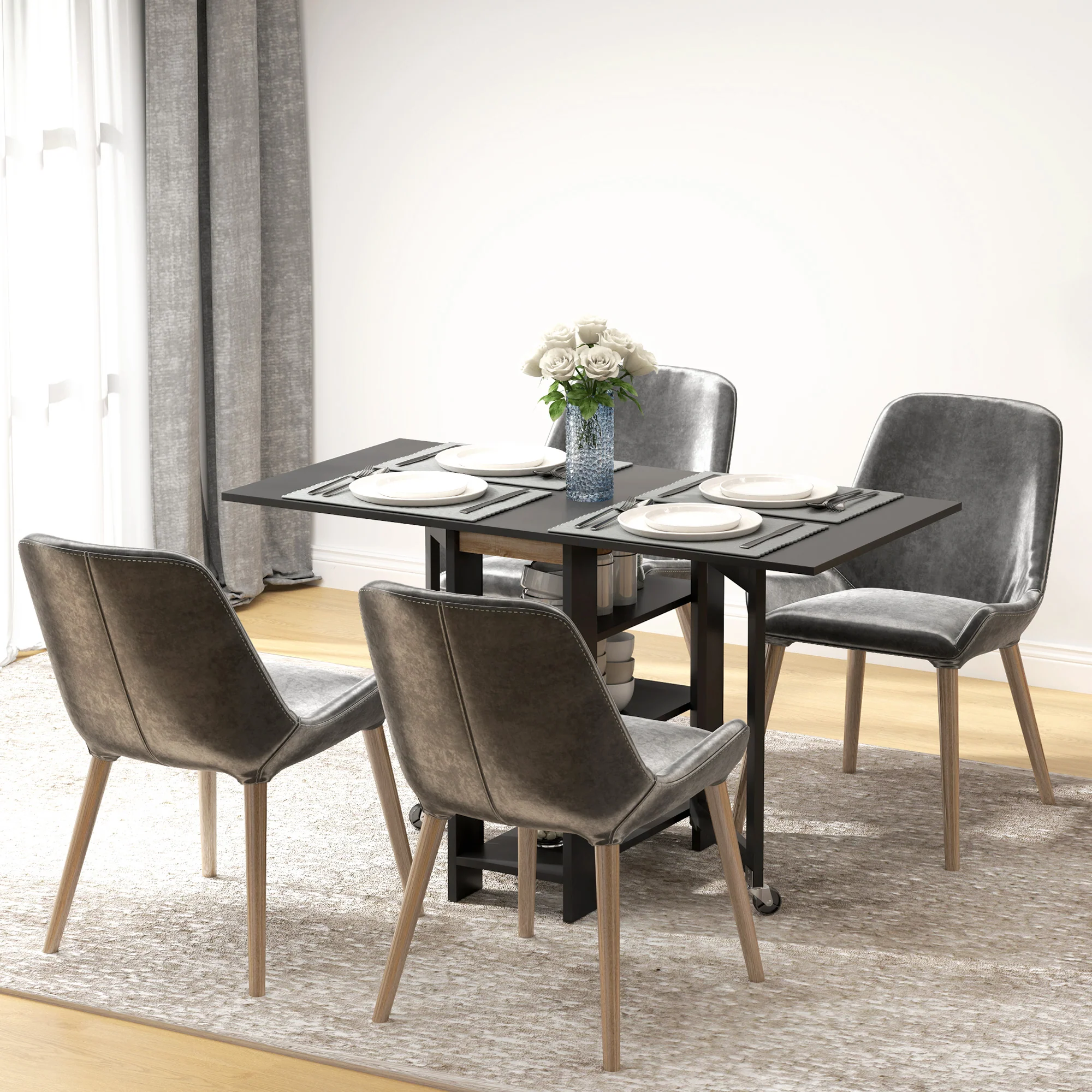 Table à manger pliable, table pliante cuisine, sur roulettes, avec 2 abattants et 3 étagères, design moderne, table de cuisine pour petits espaces, 120 x 60 x 75 cm, noir - Image 3