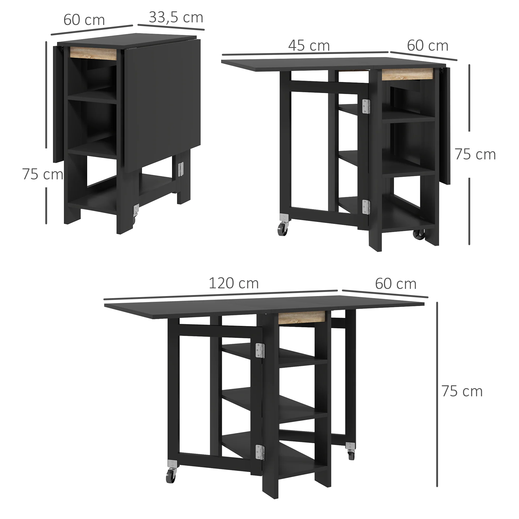 Table à manger pliable, table pliante cuisine, sur roulettes, avec 2 abattants et 3 étagères, design moderne, table de cuisine pour petits espaces, 120 x 60 x 75 cm, noir - Image 4
