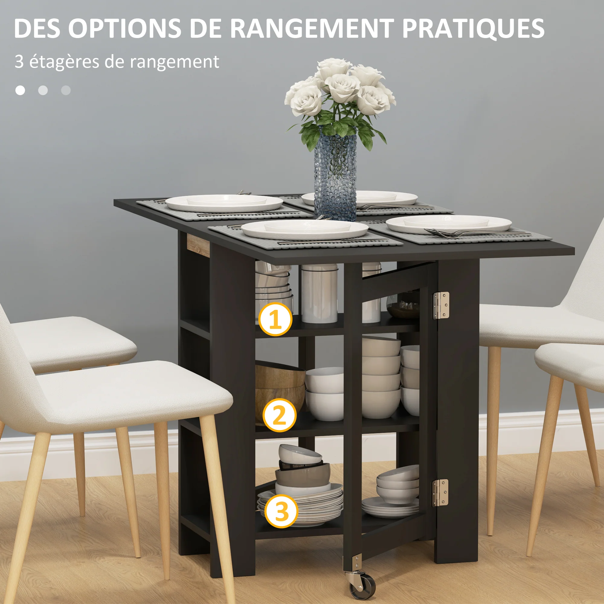 Table à manger pliable, table pliante cuisine, sur roulettes, avec 2 abattants et 3 étagères, design moderne, table de cuisine pour petits espaces, 120 x 60 x 75 cm, noir - Image 5
