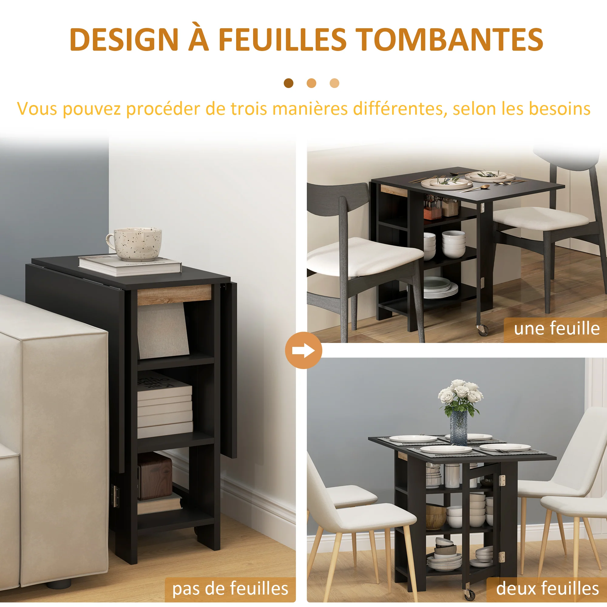 Table à manger pliable, table pliante cuisine, sur roulettes, avec 2 abattants et 3 étagères, design moderne, table de cuisine pour petits espaces, 120 x 60 x 75 cm, noir - Image 6