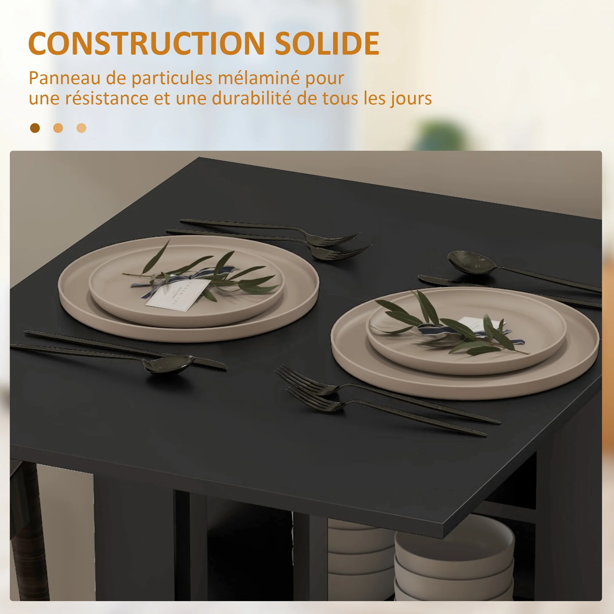 Table à manger pliable, table pliante cuisine, sur roulettes, avec 2 abattants et 3 étagères, design moderne, table de cuisine pour petits espaces, 120 x 60 x 75 cm, noir - Image 8