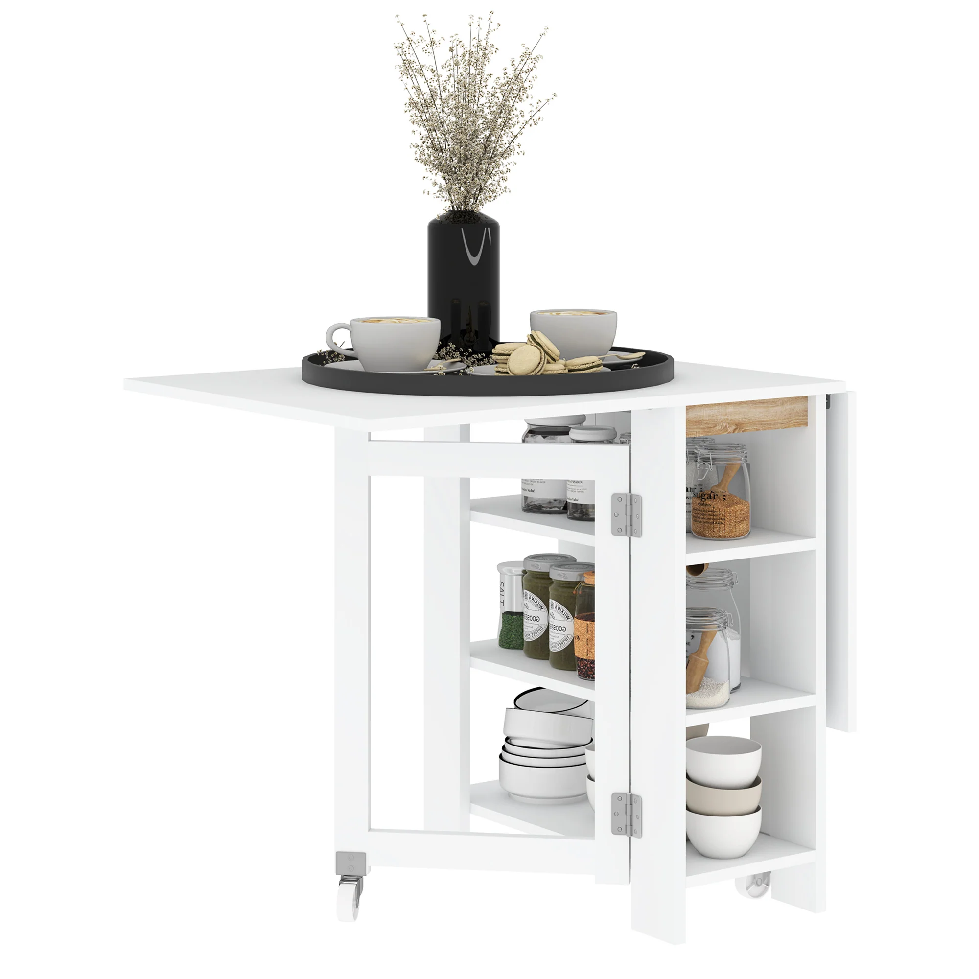 Table à manger pliable, table pliante cuisine, sur roulettes, avec 2 abattants et 3 étagères, design moderne, table de cuisine pour petits espaces, 120 x 60 x 75 cm, blanc - Image 11