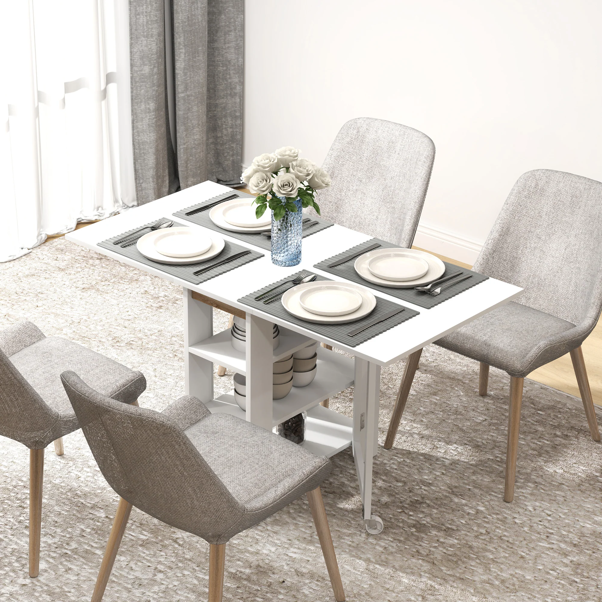 Table à manger pliable, table pliante cuisine, sur roulettes, avec 2 abattants et 3 étagères, design moderne, table de cuisine pour petits espaces, 120 x 60 x 75 cm, blanc - Image 3