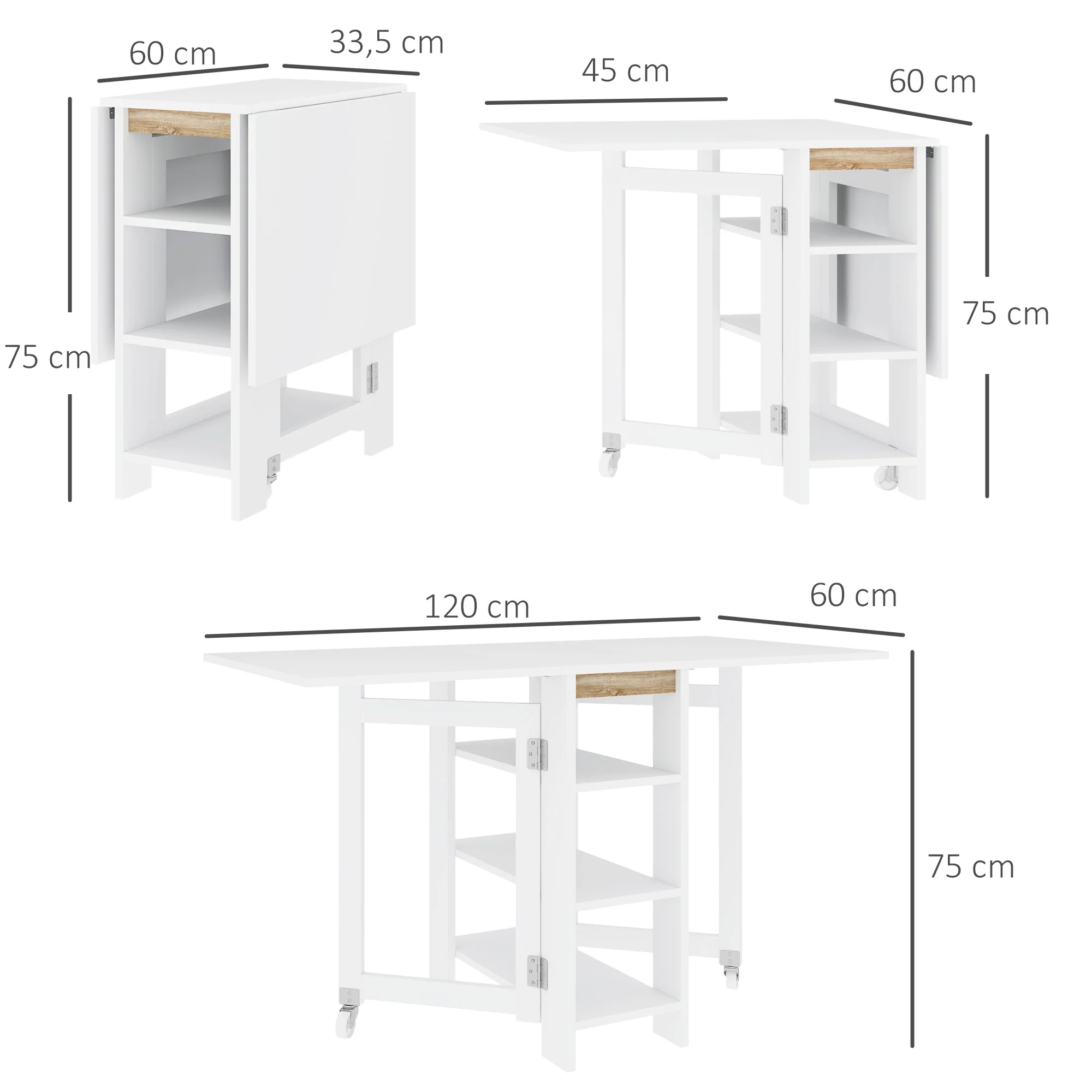Table à manger pliable, table pliante cuisine, sur roulettes, avec 2 abattants et 3 étagères, design moderne, table de cuisine pour petits espaces, 120 x 60 x 75 cm, blanc - Image 4
