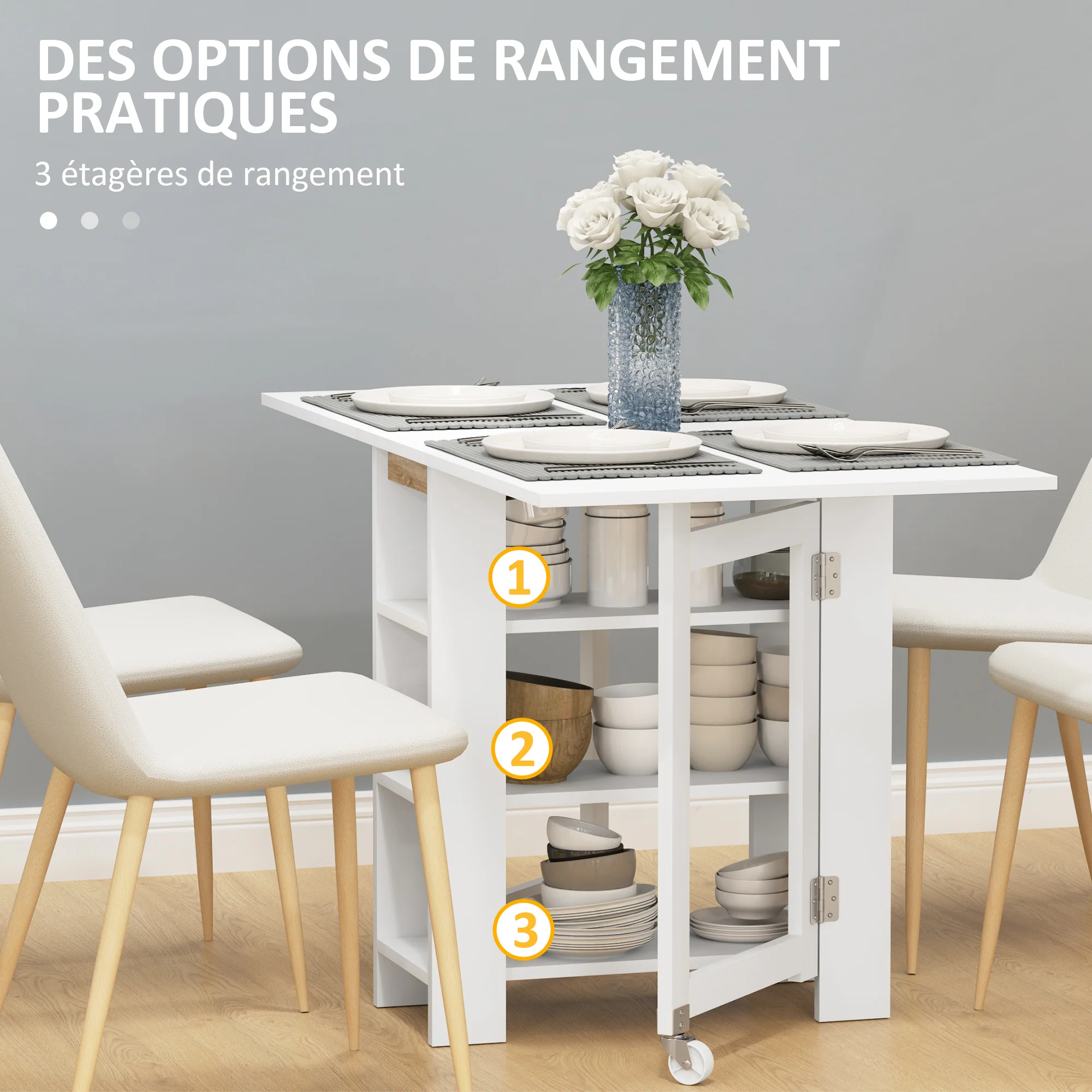 Table à manger pliable, table pliante cuisine, sur roulettes, avec 2 abattants et 3 étagères, design moderne, table de cuisine pour petits espaces, 120 x 60 x 75 cm, blanc - Image 5